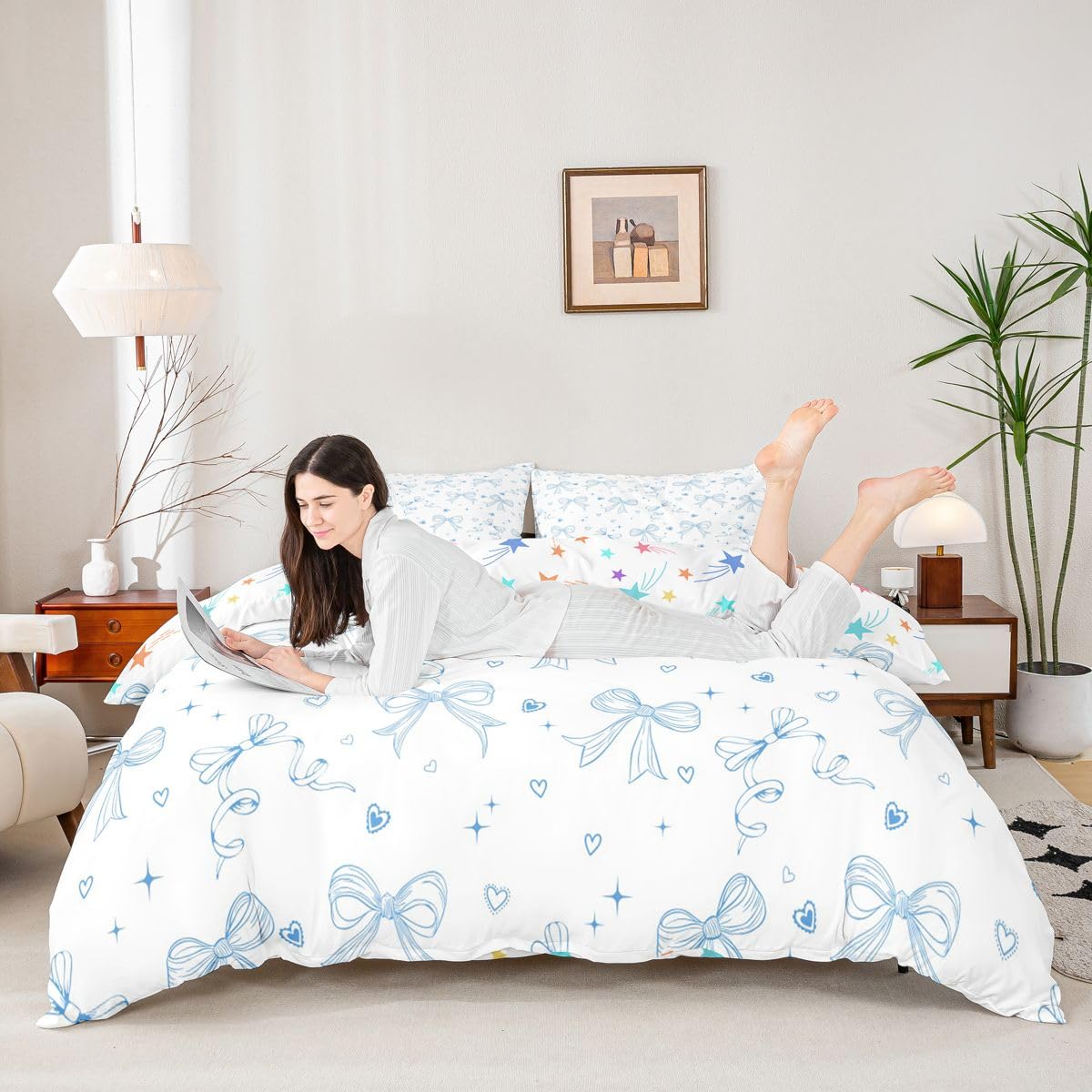 Homewish Set copripiumino per letto super king size con fiocco blu, per bambini, ragazze, adolescenti, donne, graziosi, cuori, stelle, decorazione