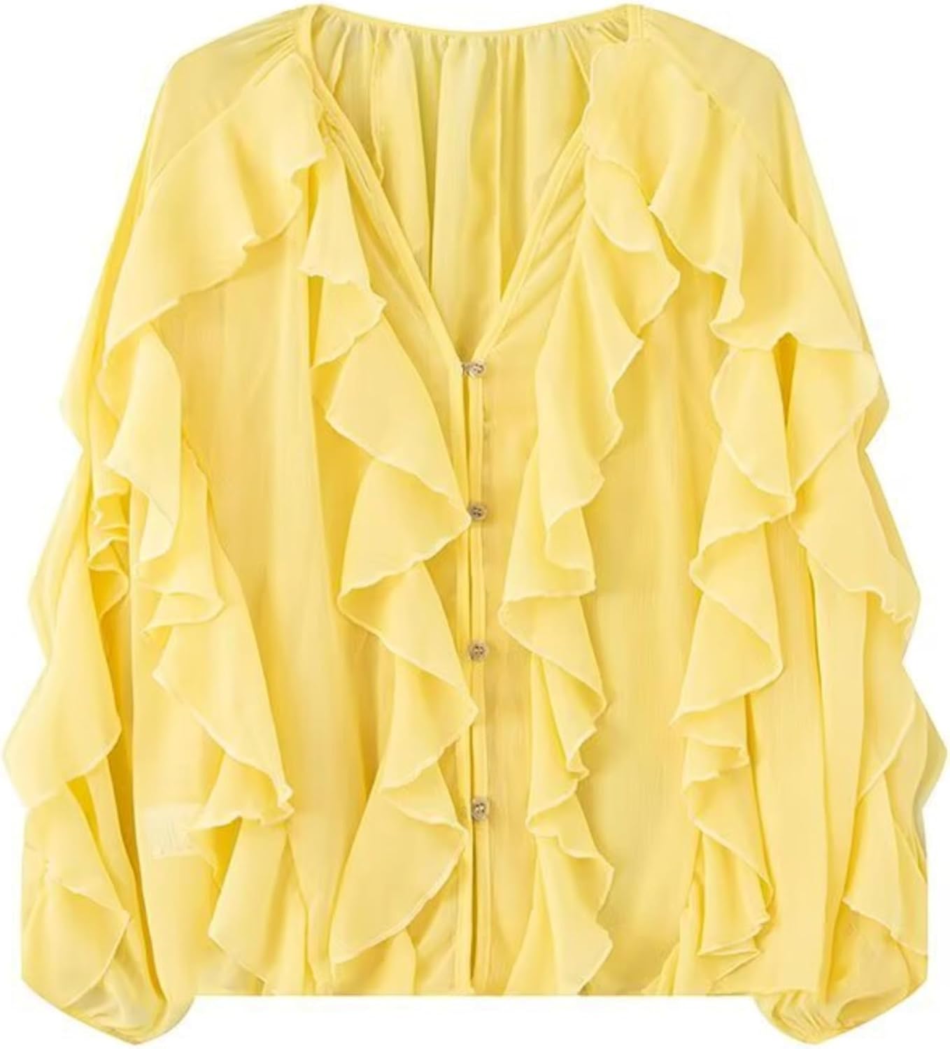 HangNiFang Ruffled Multi-Layered Summer Blouse for Women Trendy Semi See Through V-Neck Long Sleeve Button Chiffon Shirt Tops