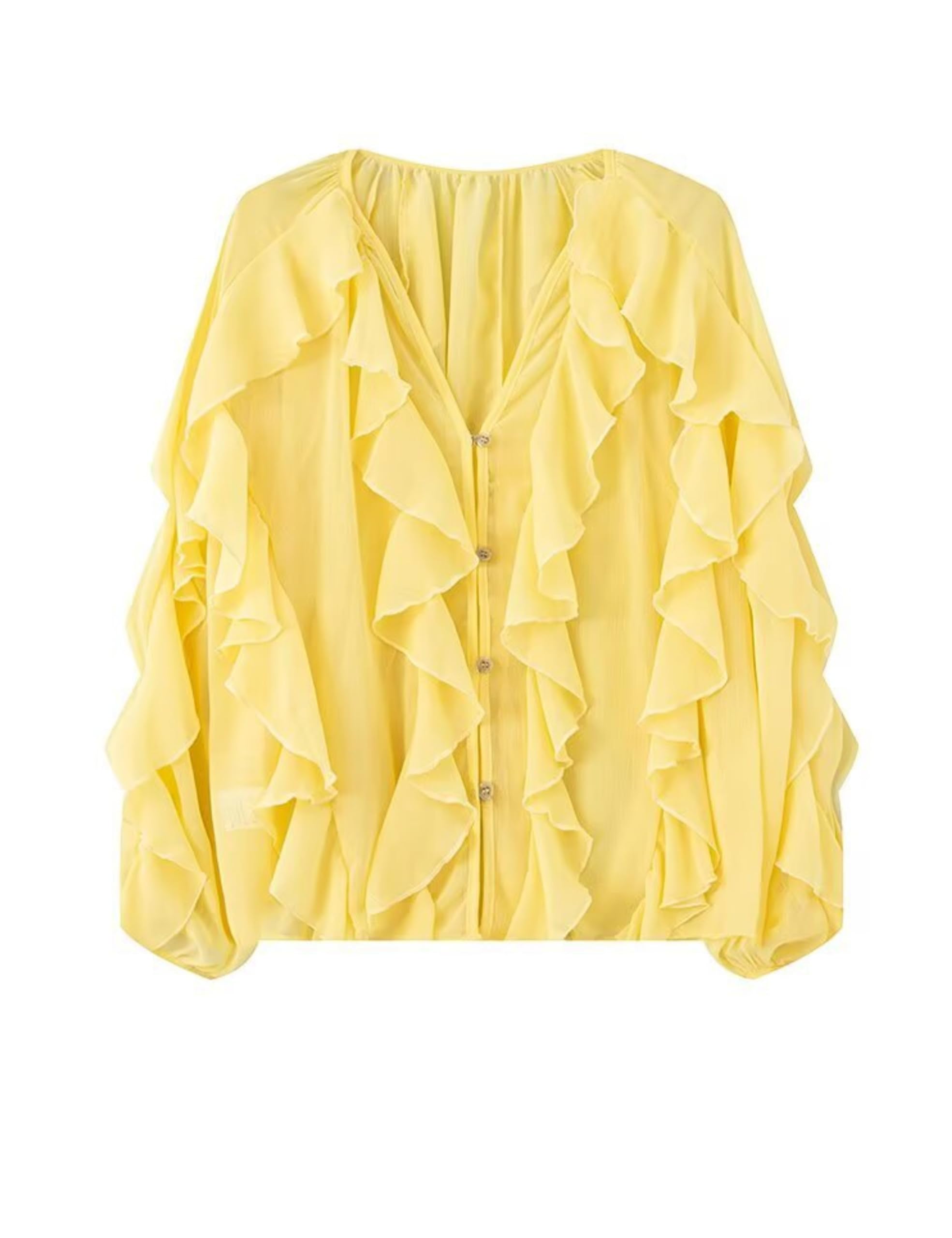 HangNiFang Ruffled Multi-Layered Summer Blouse for Women Trendy Semi See Through V-Neck Long Sleeve Button Chiffon Shirt Tops