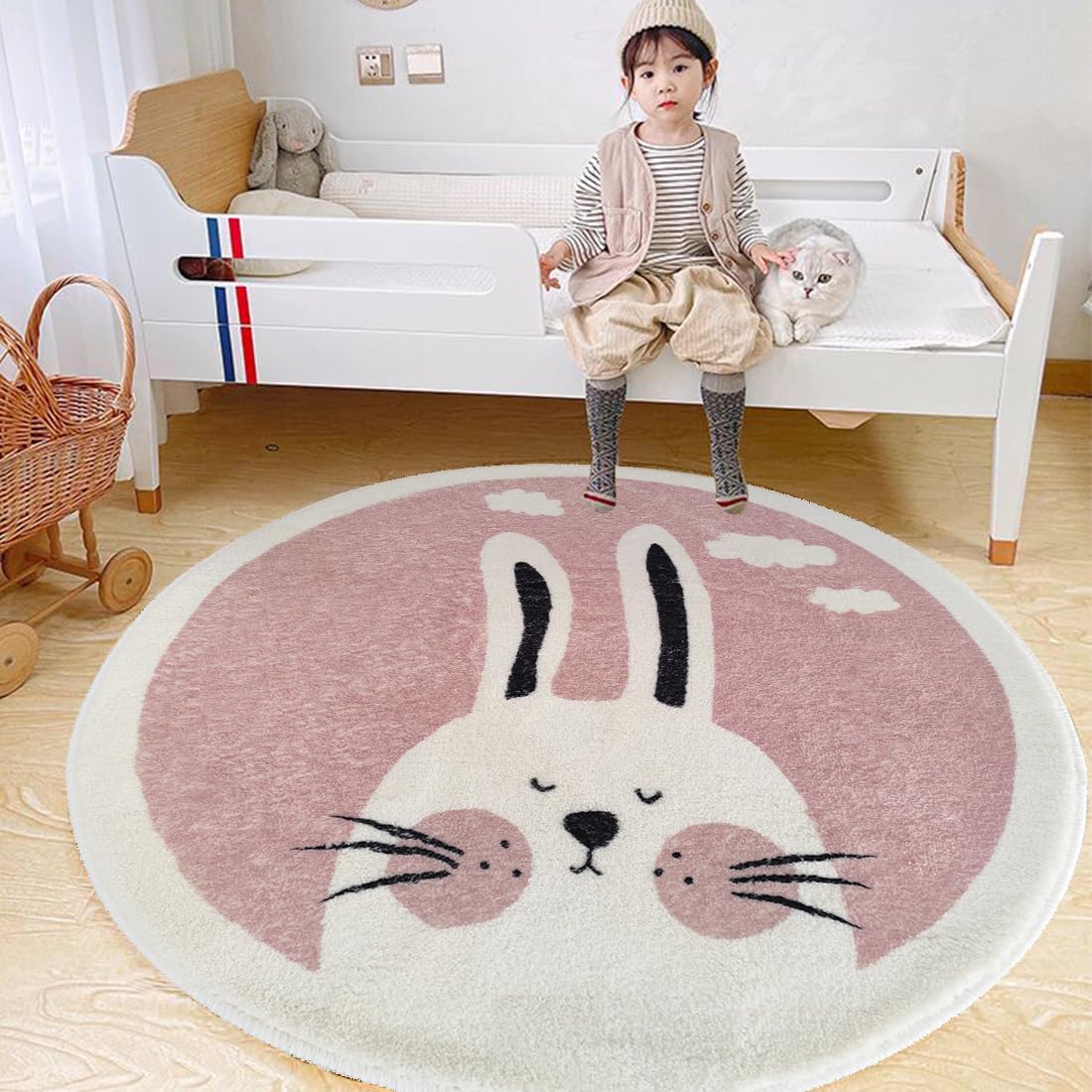 Poowe Pink Rabbit Soft Plush Round Rug for Kids Room - 4 ft Alphabet Non Slip Nursery Bedroom Playroom Washable Classroom ABC Circle Rug for Kids Baby