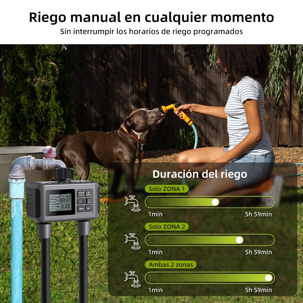 Uzoli Programador riego 2 Salidas, Temporizador de riego automático a Pilas | Programación independiente para 2 zonas • Retraso por lluvia • Modo manual • Para jardín, césped, huerto elevado, invernadero