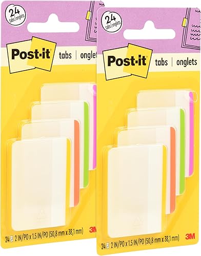 Post-it Pestañas, 2 pulgadas, colores brillantes surtidos, 6 pestañascolor, 4 colores, 24 pestañaspaquete (686F-1BB) (paquete de 2)