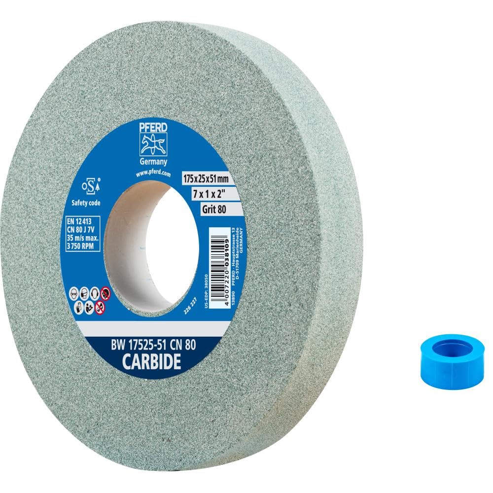 PFERD TOOLS Schleifbockscheibe CARBIDE, 175x25x51mm, SiC 80, 39009726 – Weiche, aggressive Schleifscheibe für harte Materialien, z. B. Hartmetall, mit Reduzierhülse (32mm)