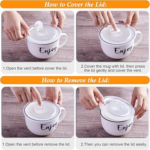 Miniatura 5 de Tazas de sopa con asas y tapas ventiladas, cuencos de sopa aptos para microondas de 26 onzas, juego de tazas de cerámica para avena durante la