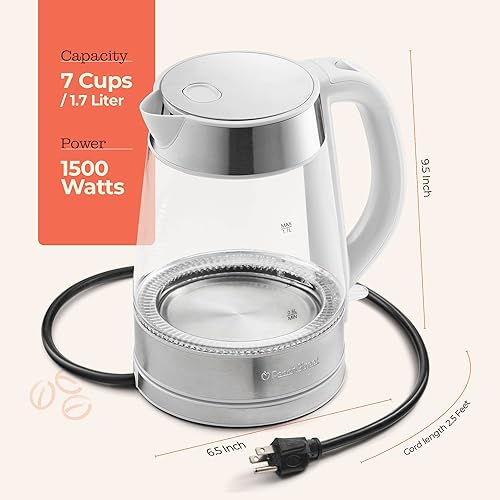 Miniatura 7 de Speed-Boil - Hervidor eléctrico para agua de 1.7 L y 1500 W, hervidor de café y té de vidrio de borosilicato, apagado automático, base desmontable,
