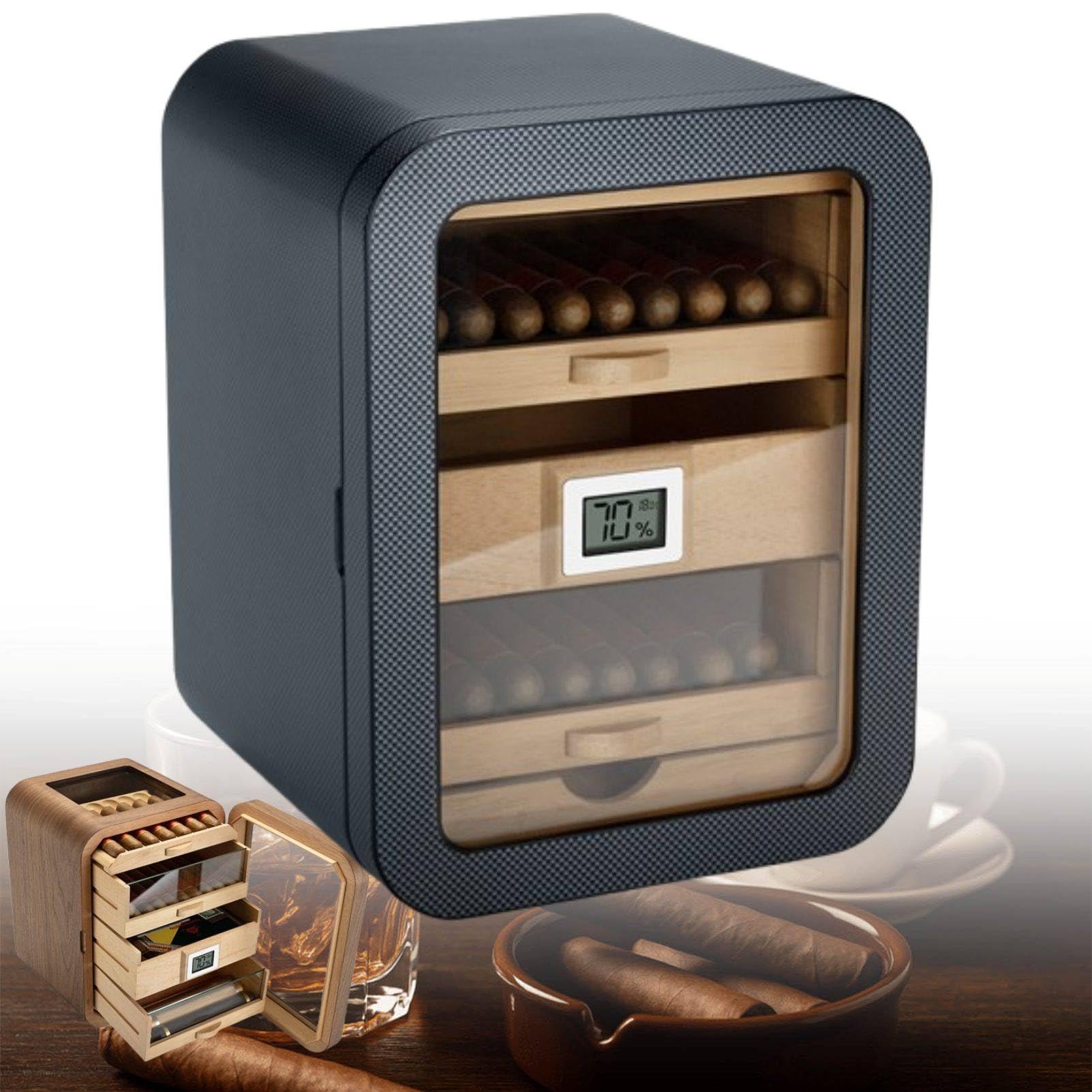 MhWrughts Humidor Cabinet with Spanish Cedar Lining, 110 Count Electric Cigar Humidor, Digital Hygrometer and Humidifier, Walnut Wood Display Cabinet for Home Study CarbonFiber-A