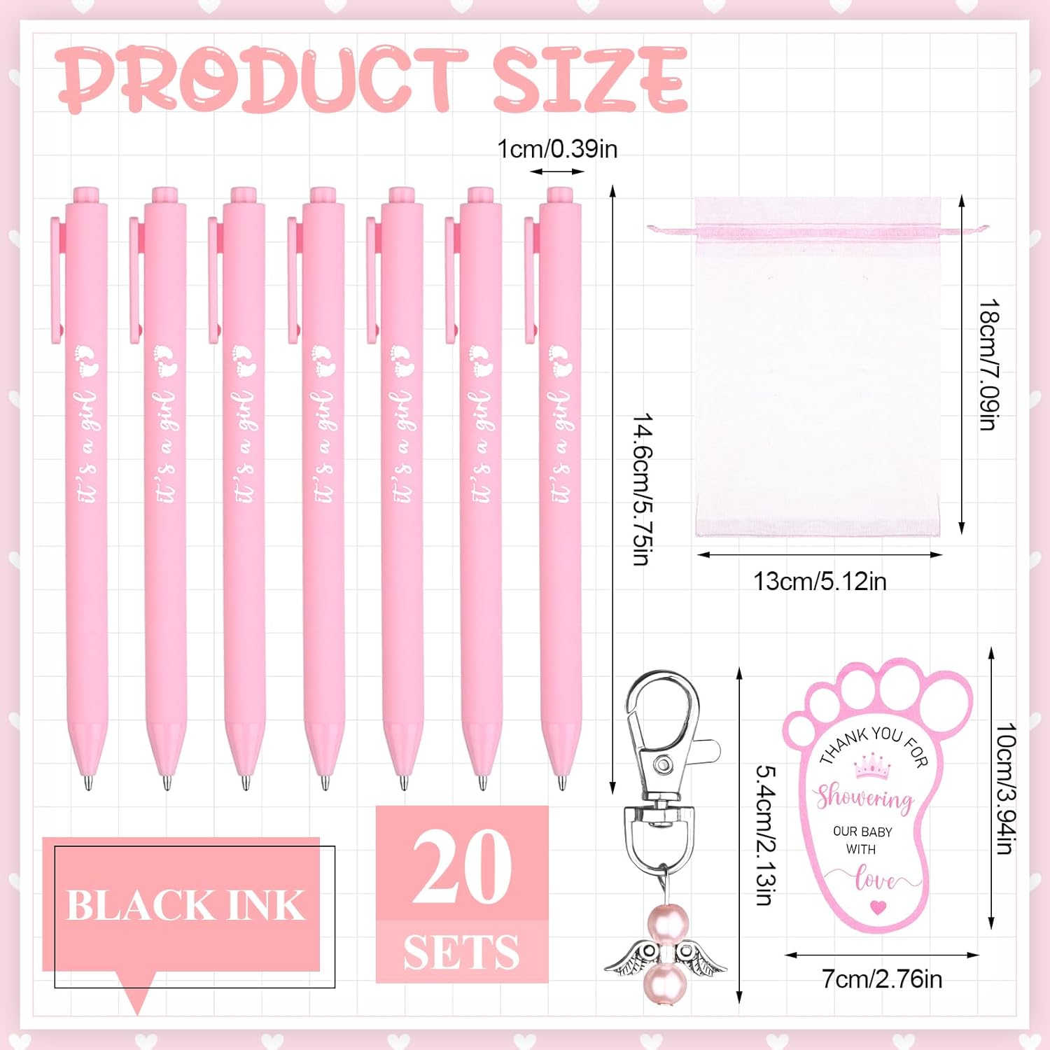 100 Pcs Pink Baby Shower Favours for Guests Includes Ballpoint Pens Angel Keychains Organza Bags Bows Thank You Cards, Baby Shower Return Gifts Thank You for Guests Gender Reveal Party Game Prizes