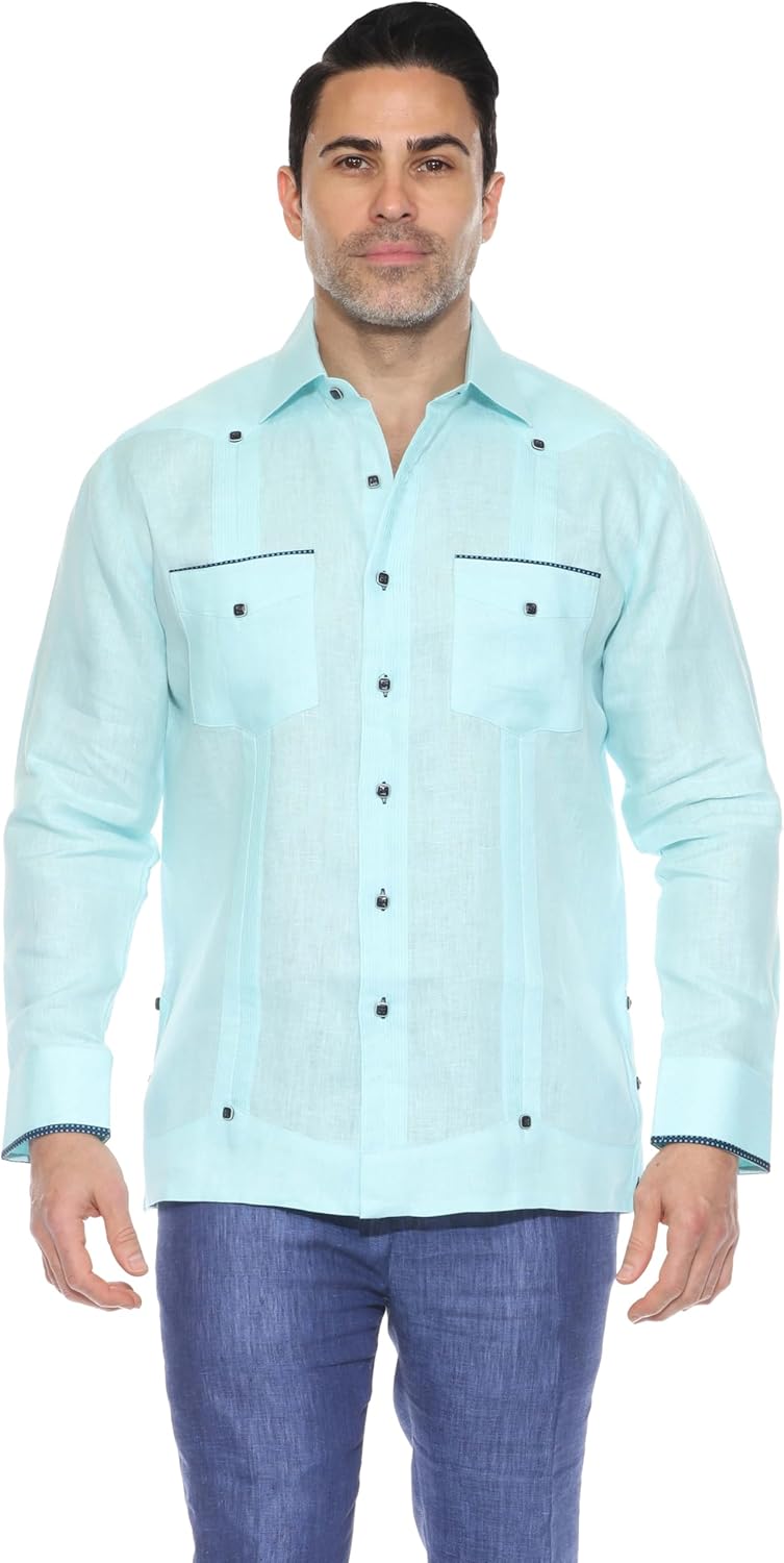 Mojito Men's 100% Linen Guayabera Shirt Long Sleeve with Pop-Color Pocket Trim - Image 2