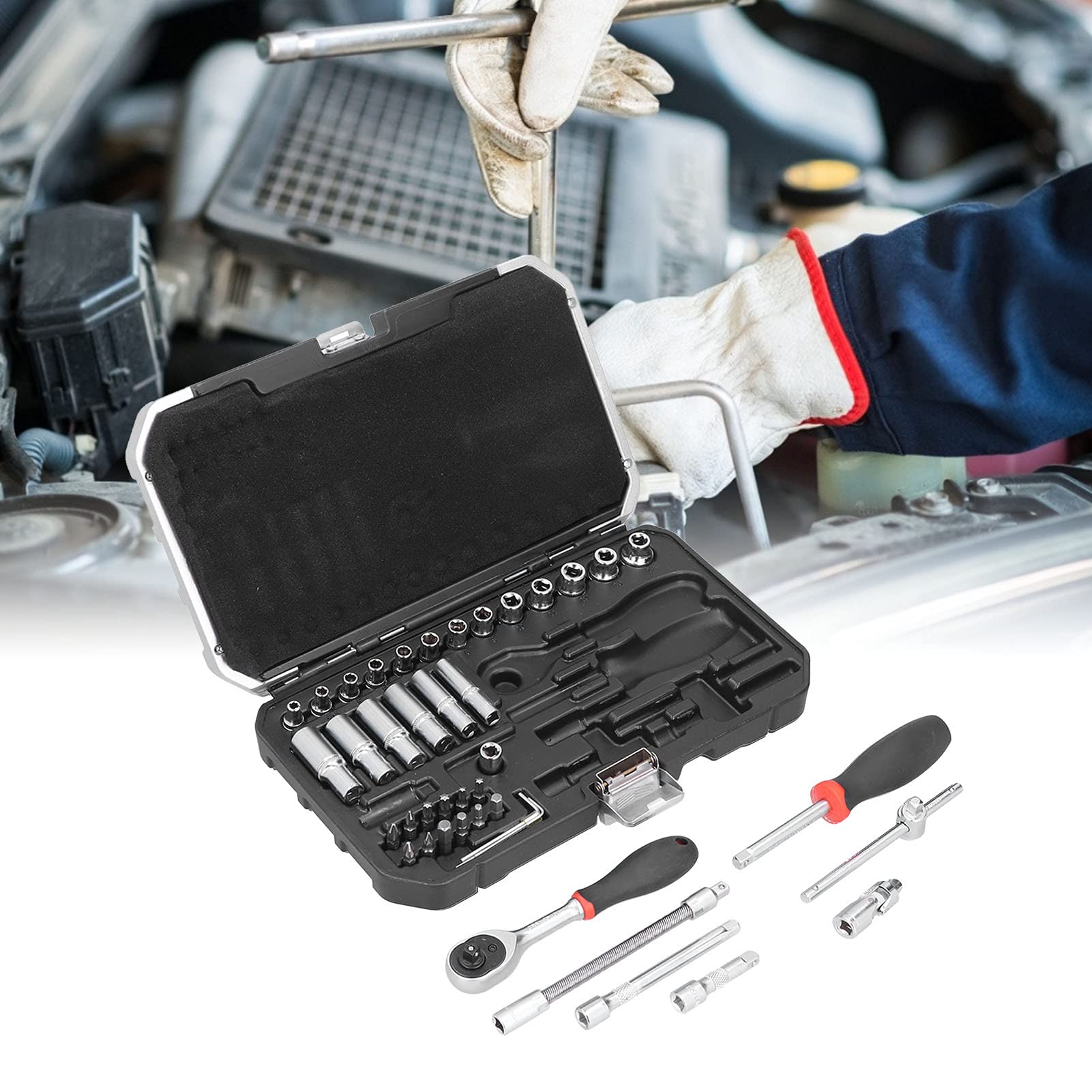 Ejoyous FIXMAN Set di Chiavi a Bussola, Set di Chiavi a Bussola e Cricchetto CR V 42 Pezzi 1 4 Pollici con Bussole da 4 a 14 Mm, Accesso a 360 Gradi, Custodia per Riparazioni Auto Meccaniche di Garage