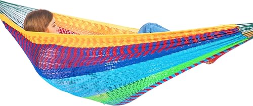 PNAEUT Handwoven Mayan Hammocks for Outside, Handwoven Thick Soft Rope Double Hammocks for Outdoor Indoor, Max 600 lbs Capacity, Tree Straps, Carabiners & Carrying Bag Included (Tropical, X-Large)