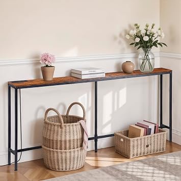 70.8 Console Table with Power Outlet, Wood Narrow Sofa Platform with Charging Station, Entryway Hallway Behind Couch Table with USB, for Living Room, Foyer, Rustic Brown