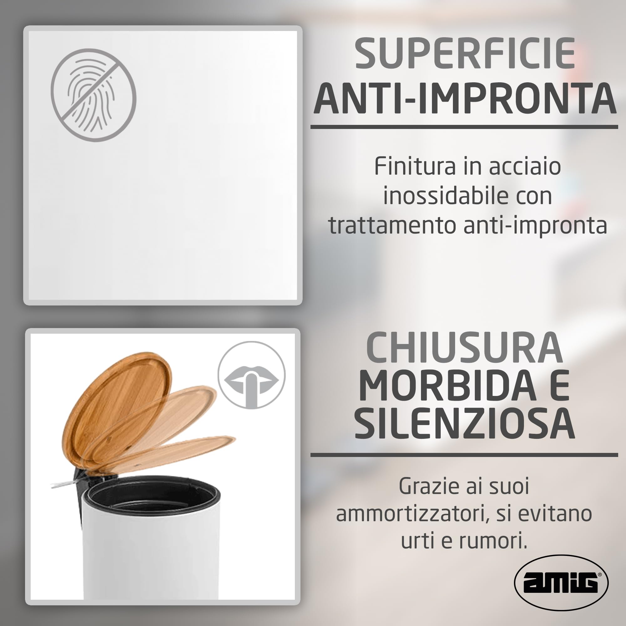 Amig Pattumiera da bagno con pedale 5 litri Naturline bianco bambù acciaio inox laccato 20x26 cm