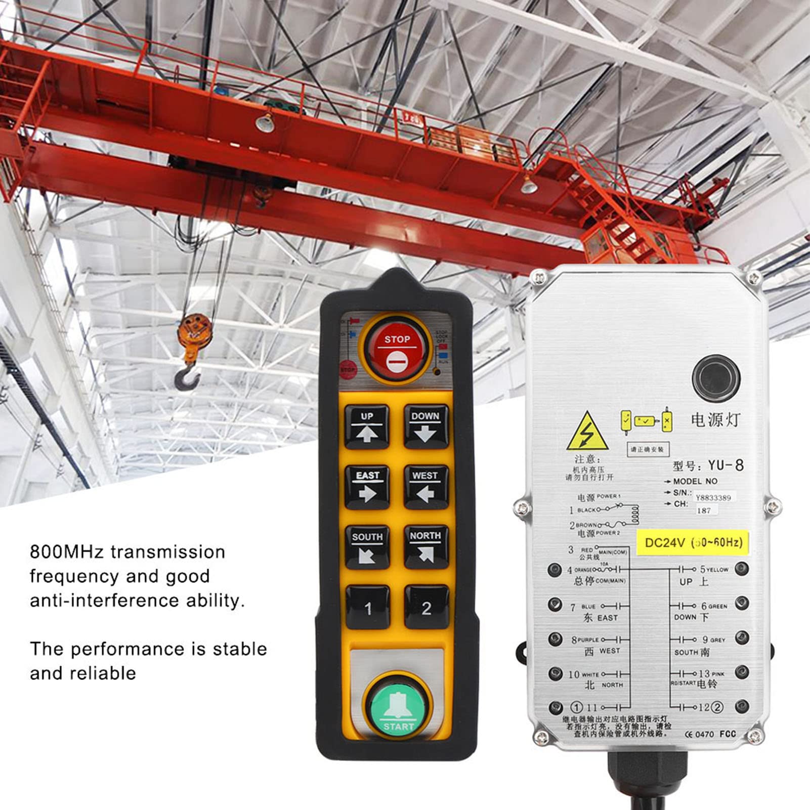 Controller per paranco industriale Telecomando elettrico a maniglia singola YU 8DC24V con 24 V CC - Frequenza 800 MHz - Impermeabile e resistente all'olio per trasportatori di gru (DC24V)