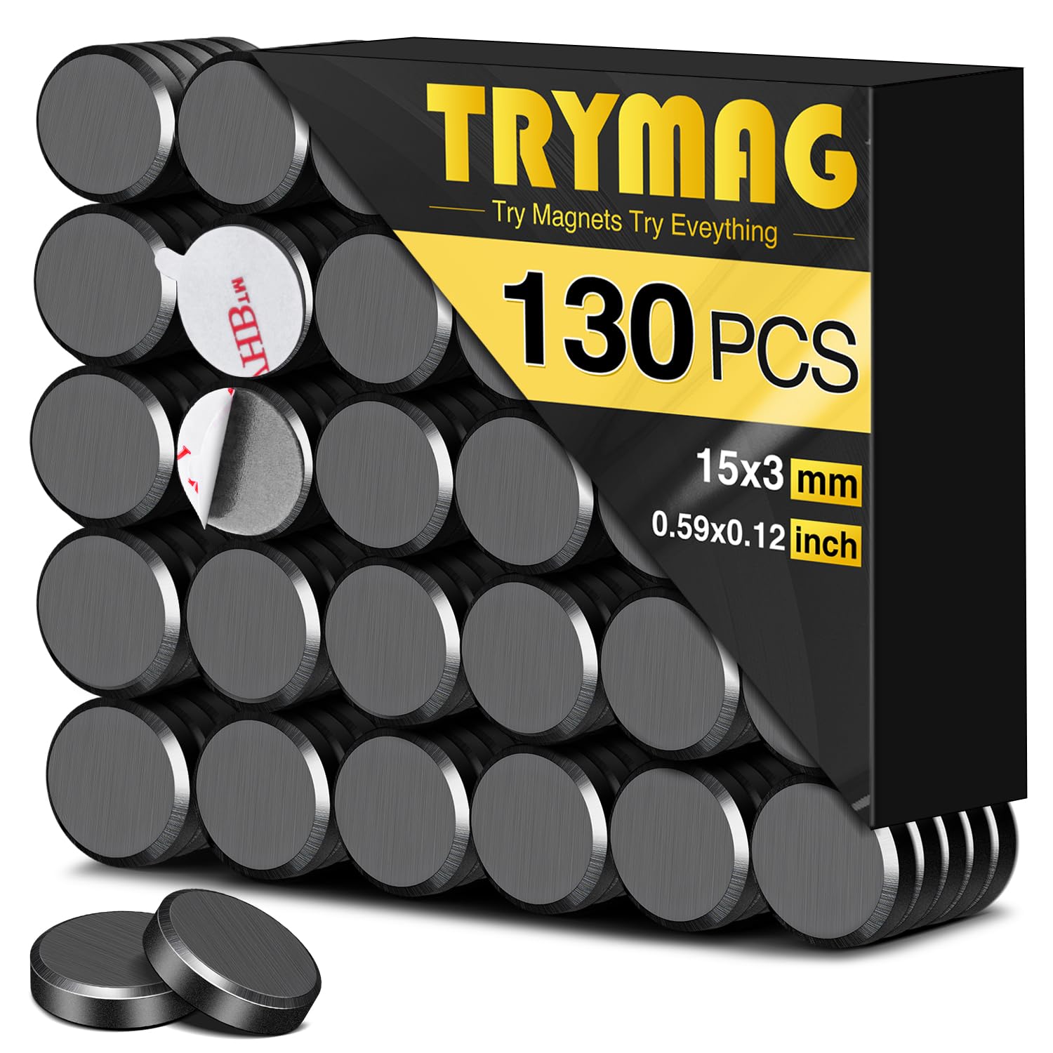 TRYMAG Small Ceramic Round Disc Magnets with Adhesive Backing, 15x3mm Tiny Flat Circle Ferrite Industrial Magnets for Crafts, Science, Hobbies, Project - 0.6Inch, 130Pcs
