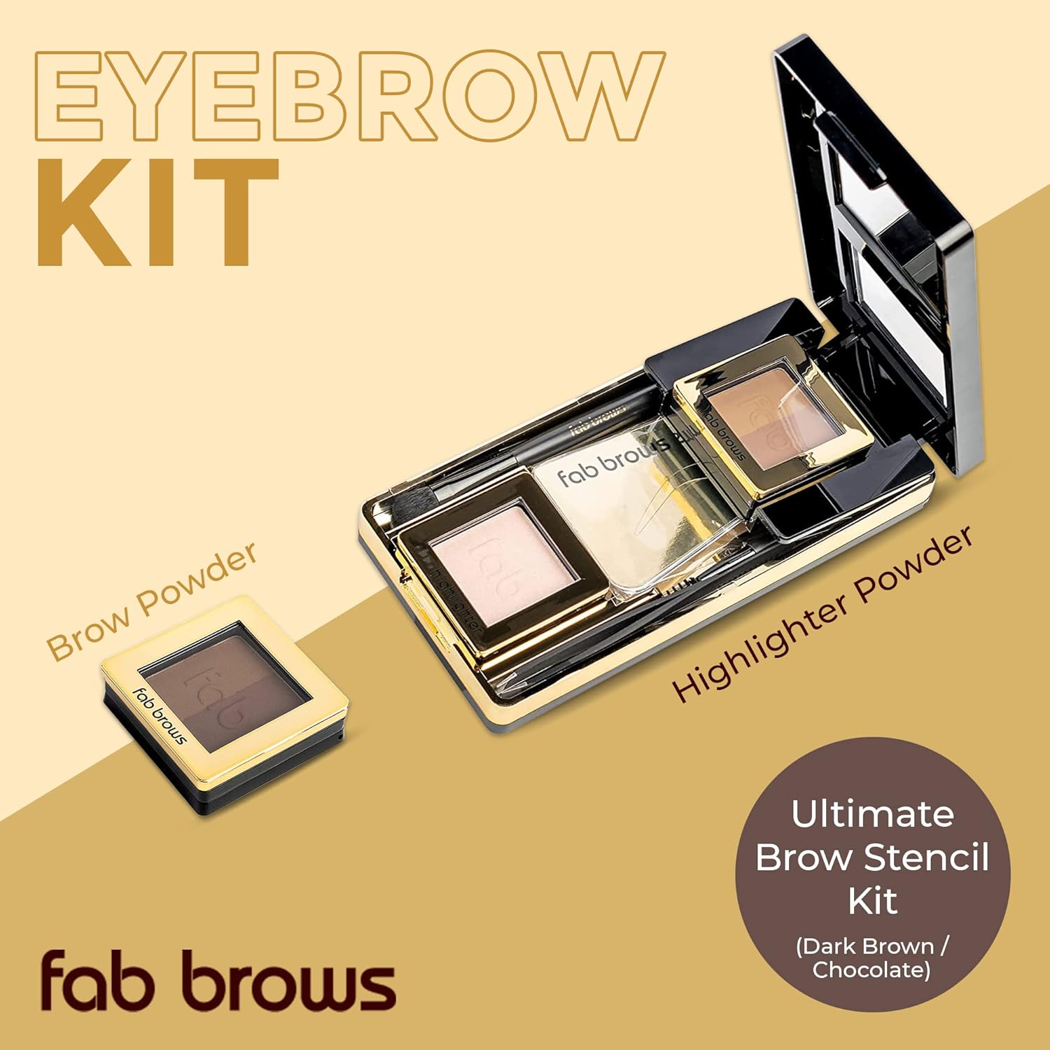 Fab Brows LUX Duo Stencil Eyebrow Kit - The Ultimate Brow Stencil Kit with Duo Brow Powder, Highlighter Powder, Stencil Shapes, Eyebrow Tools & Mirror - Eyebrow Stencil Kit Makeup - Slate/Black