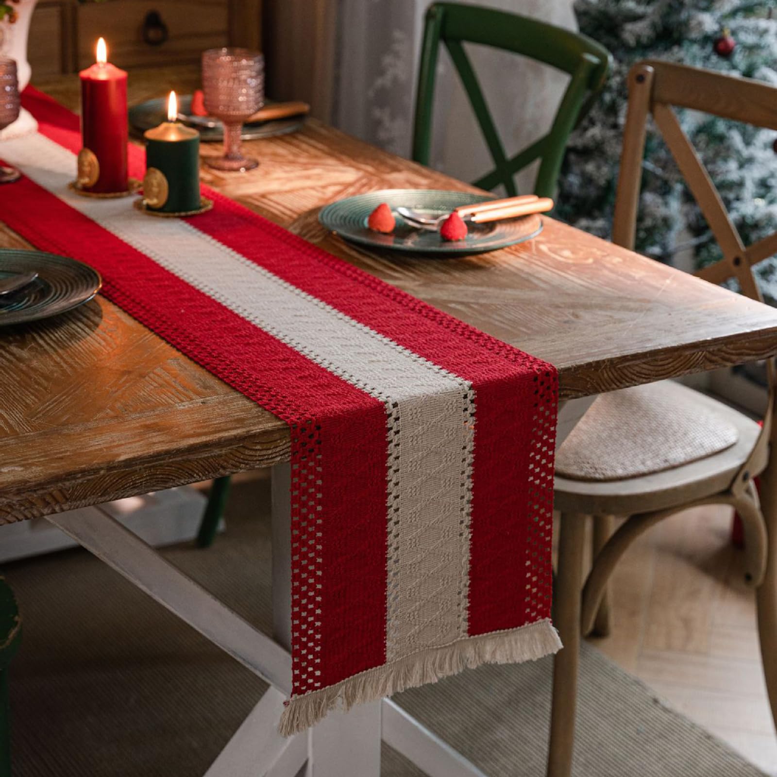 Rustykalny bieżnik z frędzlami, ręcznie tkana bawełna i len Dekoracja stołu wiejskiego Bieżnik na przyjęcie świąteczne, dekoracje w stylu vintage Boho czerwone po obu stronach 30*400 /83