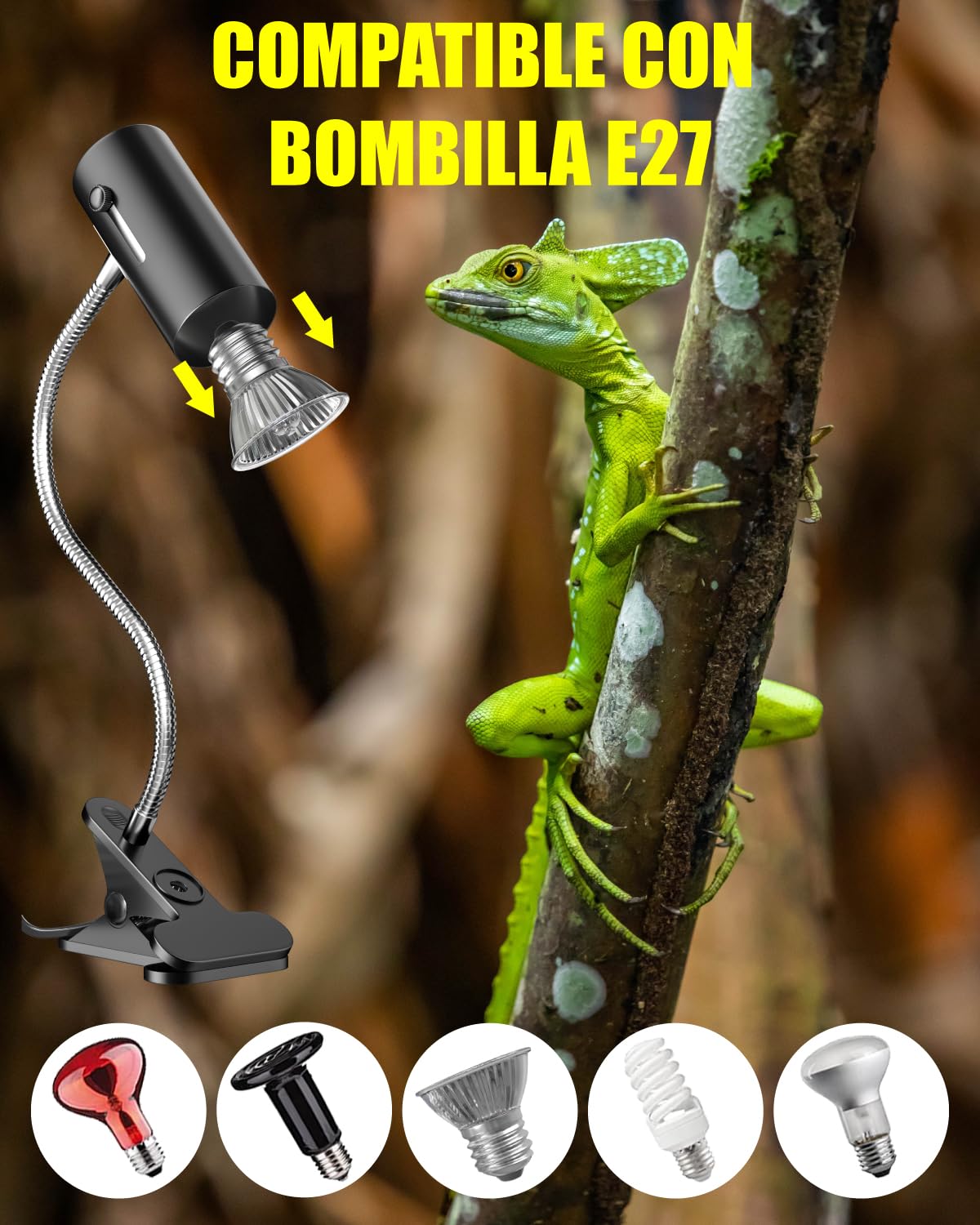 Terrario Reptiles Lámpara para Tortuga de Calor Lámpara para Terrario 50W UVA/UVB con Clip Ajustable E27 Portalámpara Base para Tortuga, Lagartos, Araña, Camaleon, Anfibios (2 Bombillas)