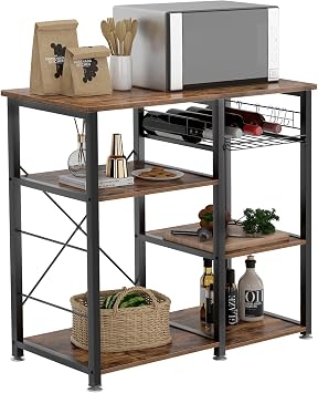 SogesHome 4-Tier Microwave Stand Shelf, Kitchen Storage Organize Shelf, Coffee Snack for Home, Kitchen, Living-Room, Vintage Brown