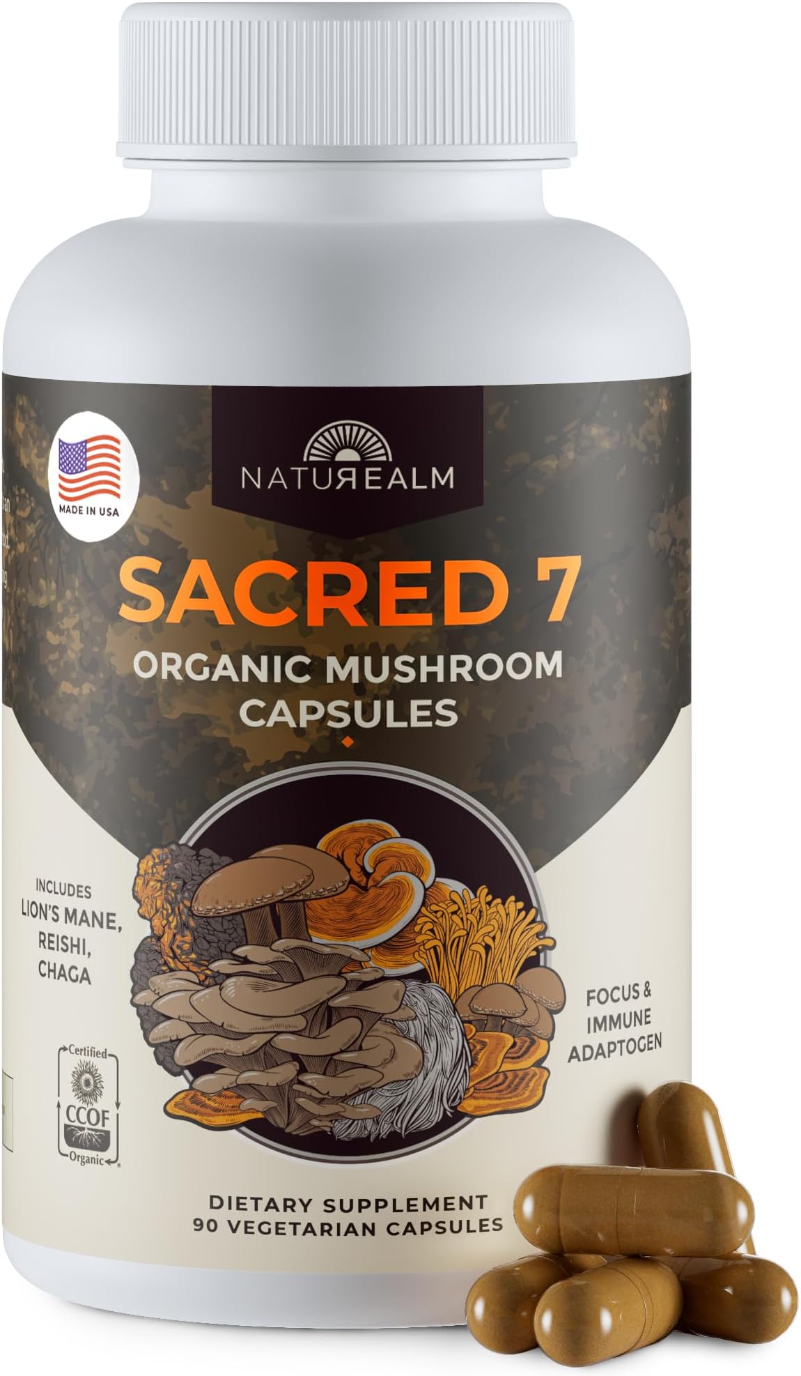 Naturealm Sacred 7 Mushroom Supplement Capsules | 30-Day Supply | 7-in-1 Organic Mushroom Complex Capsules with Lions Mane, Reishi, Chaga | 1000mg Per Serving | Immune Support & Focus