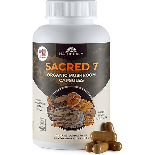 Naturealm Sacred 7 Mushroom Supplement Capsules | 30-Day Supply | 7-in-1 Organic Mushroom Complex Capsules with Lions Mane, Reishi, Chaga | 1000mg Per Serving | Immune Support & Focus