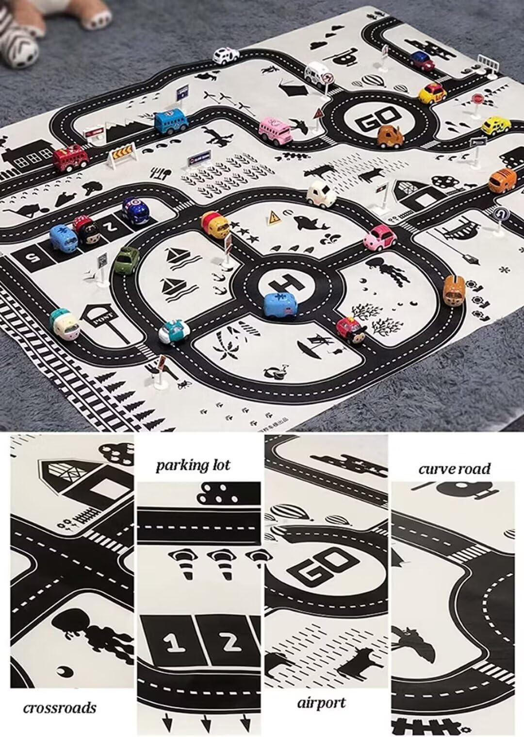 Tappetino da gioco sottile con pellicola di plastica,tappeto da gioco impermeabile con motivo a pista stradale,tappetino per parcheggio bianco nero,tappeto per cameretta della sala giochi,comodino