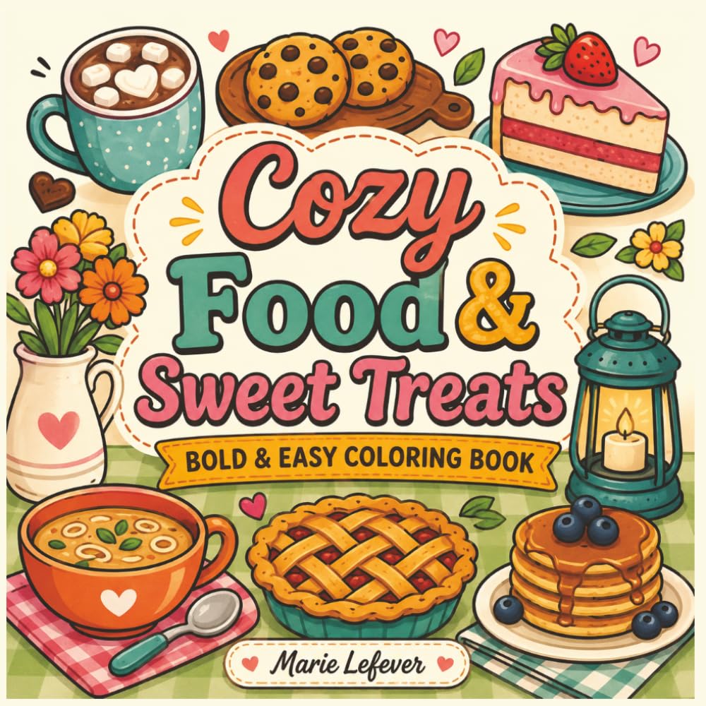 Cozy Food & Sweet Treats Bold & Easy Coloring Book: for Adults and Kids with Simple and Big Designs Featuring Cute Foods, Drinks, Desserts and Fruits for Relaxation and Stress Relief