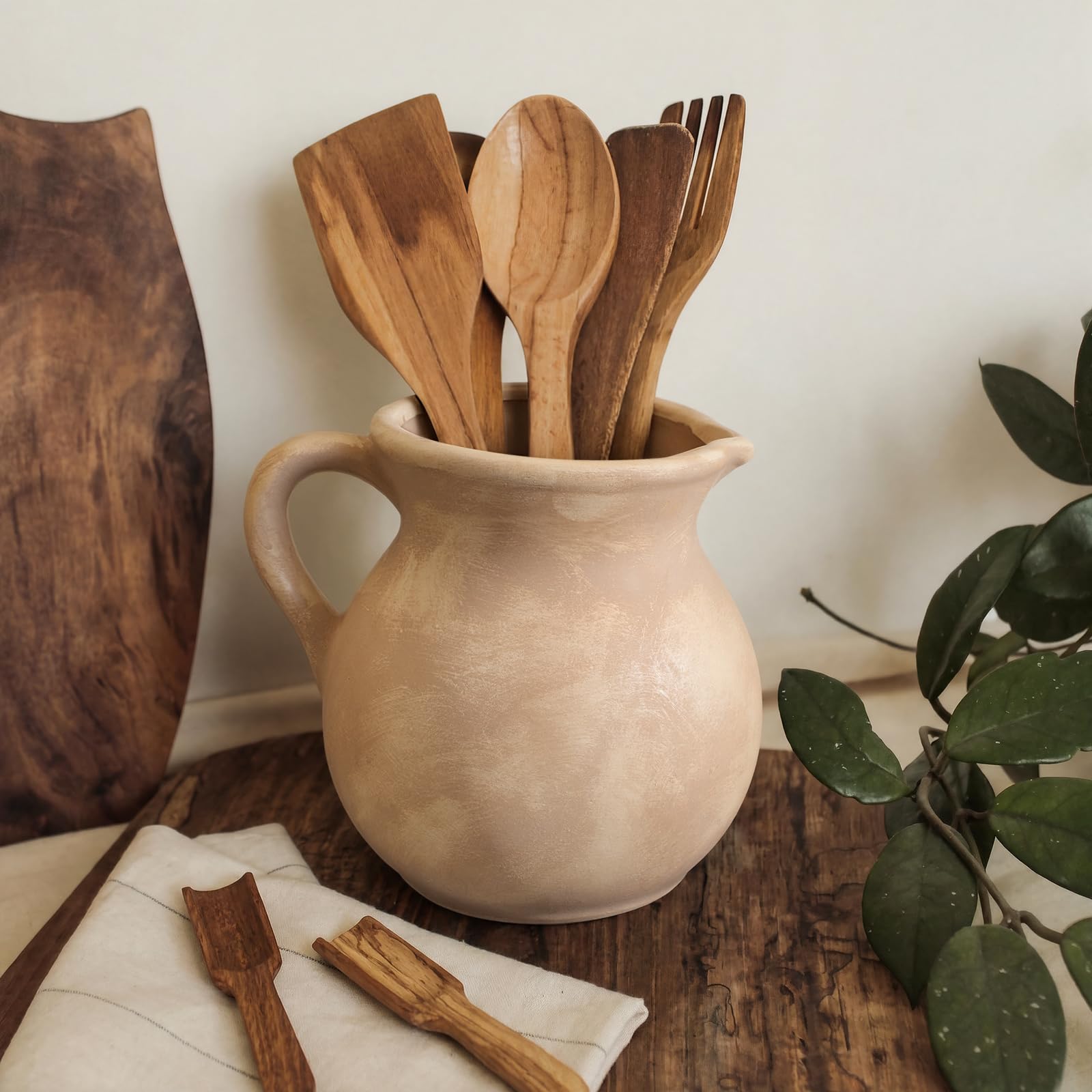 Potchen Rustikaler Küchenutensilienhalter mit Griff, 17,8 cm, Keramik, Vintage-Utensilientopf für Arbeitsplatte, Bauernhaus, Küche, Dekoration, Keramiktopf für Spatel, Löffel, Zange (klassisch