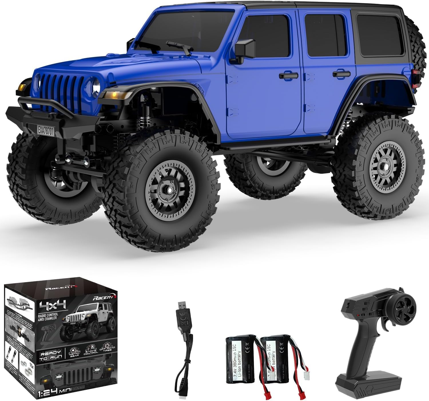RACENT 1/24 RC Crawler 4WD Off Road All Terrain RC Monster Truck Rock Climbing with led Light Waterproof Hobby Grade Toys with 3 Batteries for Adults (Blue)