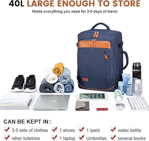 Miniatura 6 de LOVEVOOK Mochila de mano extra grande de 40 litros aprobada por aerolíneas con 4 cubos de embalaje para mujeres y hombres, Azul oscuro, Mochilas de