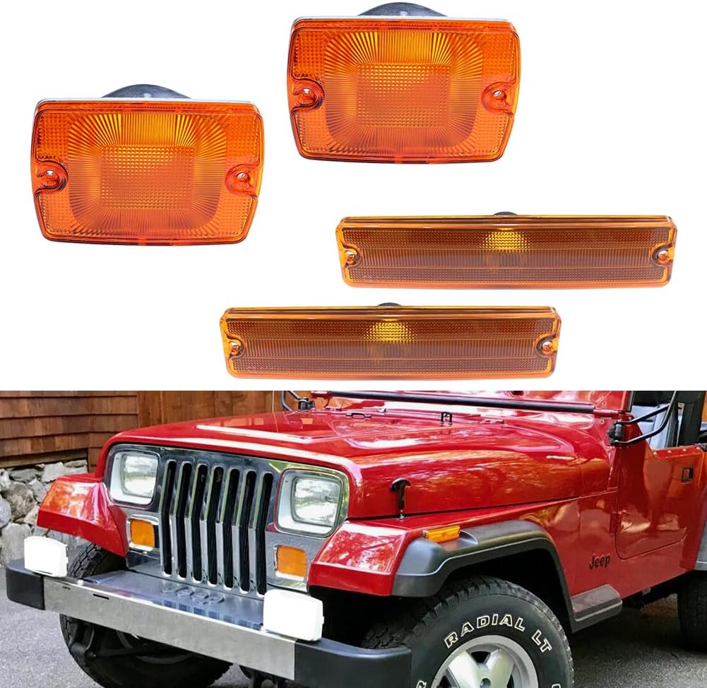 2 IN 1 Replacement 3D Optic LED White/Amber Led Smoked Lens Bumper Compatible With 1987-1995 Jeep Wrangler YJ Front Turn Signal Parking & Daytime running lights