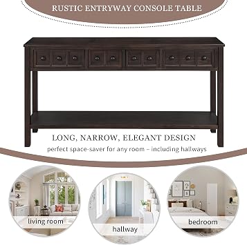 P PURLOVE Console Table Rustic Entryway Table 60 Long Sofa Table with 4 Drawers in Two Different Size and Bottom Shelf for Storage (Espresso)