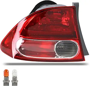 Lathsy Left Outer Tail Light Assembly for 2006–2008 Honda Civic 4-Door Sedan/Hybrid (with Bulbs)