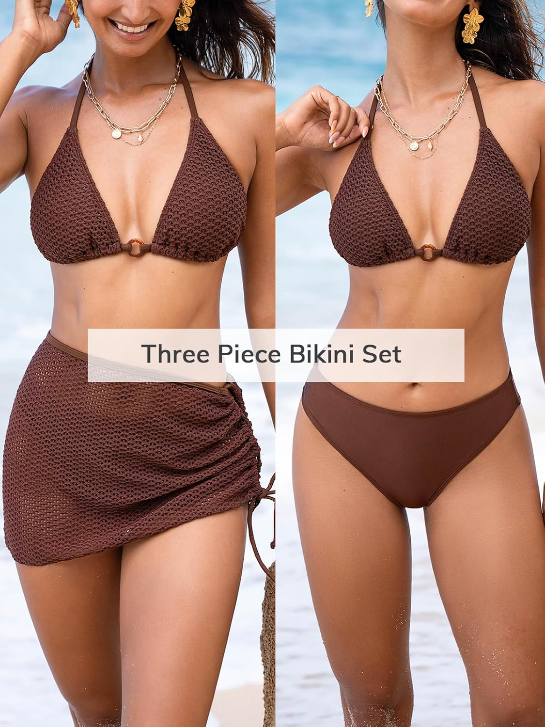 CUPSHE Women's Bikini Sets Three Piece Swimsuit V Neck Textured Halter Back Self Tie Drawstring Sarong O Ring - Image 2