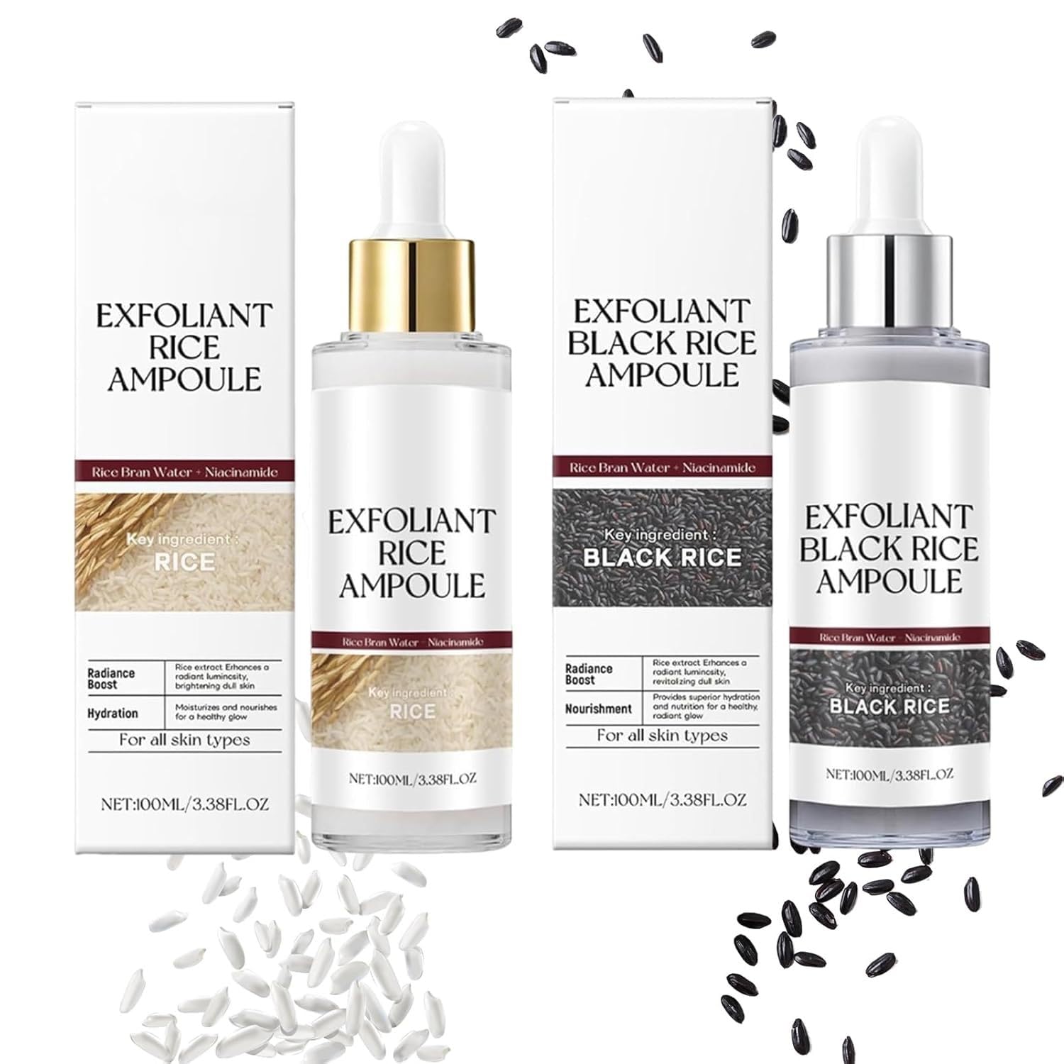 2PCS Rice Exfoliating Ampoule Set, Black & White Rice Brightening for Glowing Skin, Pore Minimizing & Deep Hydration + Gentle Peel | Black & White Rice Exfoliating Ampoule Set