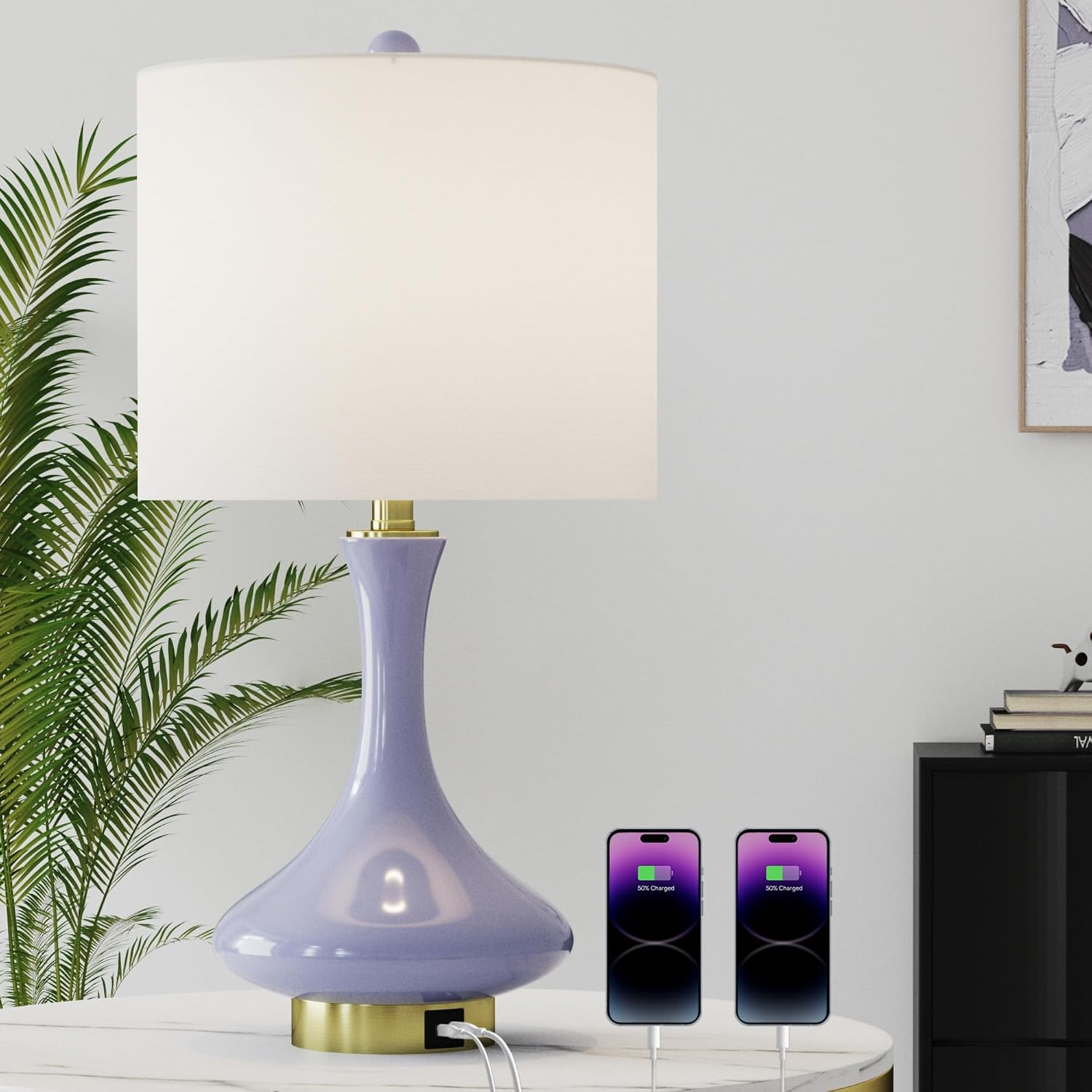 Maxax 24" Ceramic Table Lamp, Modern Bedside Lamp with USB C+A Ports, Purple Nightstand Lamp with White Shade for Girl Bedroom, Living Room