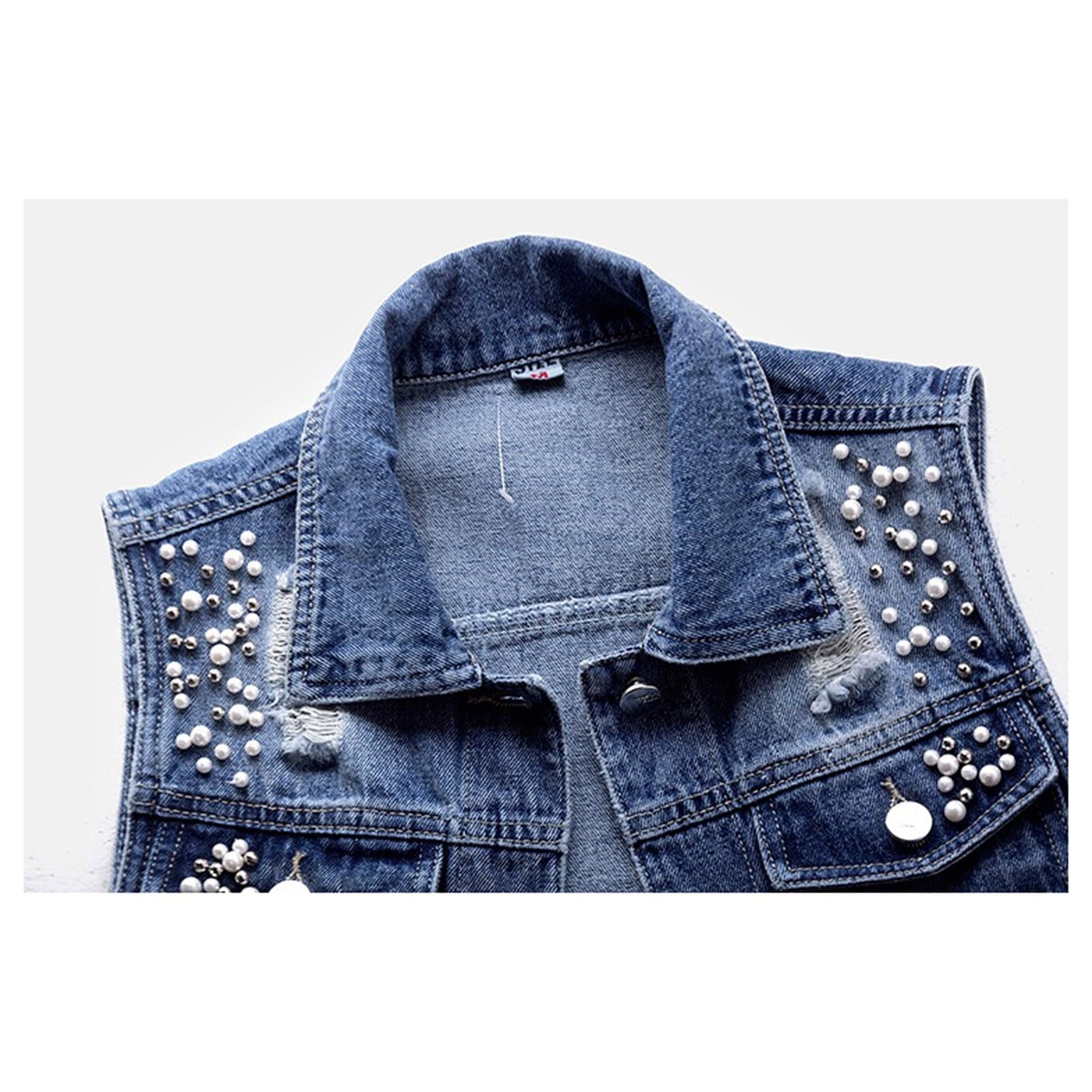 Gilet di jeans da donna, senza maniche, oversize, in jeans da donna, leggero, con perle, con bottoni, elegante, in denim