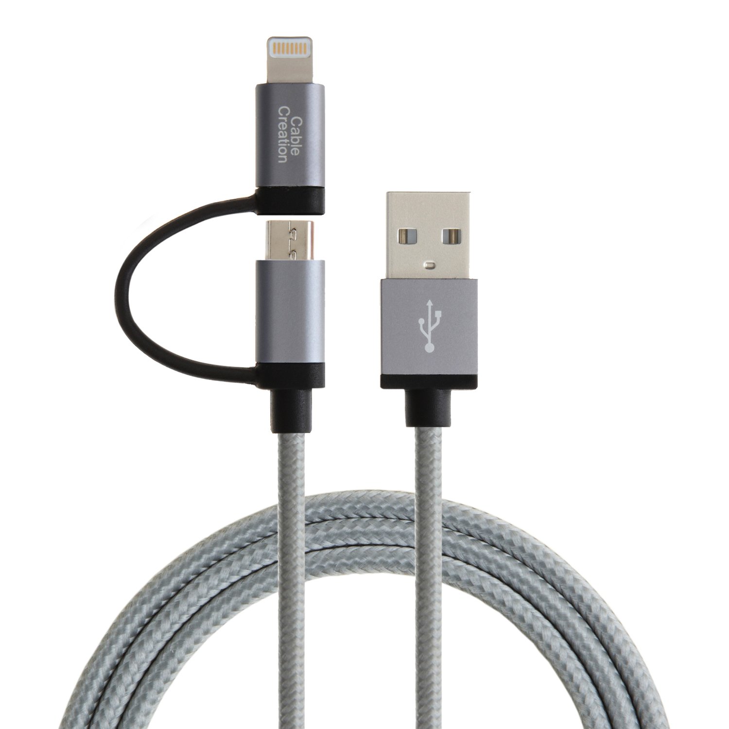 CableCreation 4FT 2-in-1 iPhone and Android Charging Cable, MFi Certified Lightning and Micro USB to USB Charge Data Cord, Compatible iPhone 11, X, 8, 8 Plus,7 Plus, Samsung, Nexus, LG, HTC, Gray