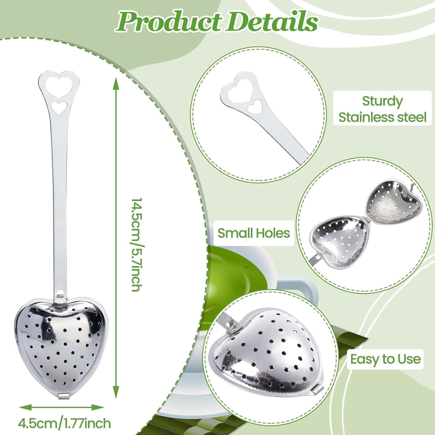 50 Pieces Tea Infuser for Loose Leaf Tea, Heart Shaped Tea Strainer Spoons Stainless Steel Long Grip Tea Filter Mesh Tea Steeper for Tea Party Accessories
