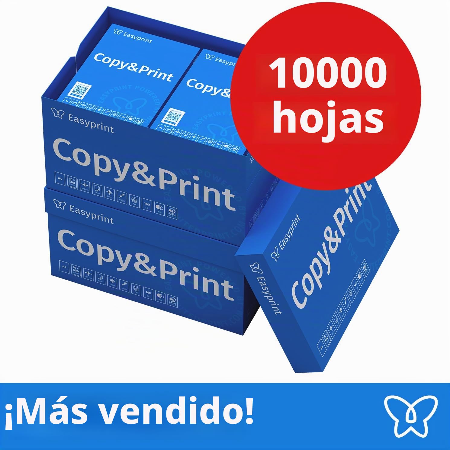 Easyprint Papel multiusos para impresora, Folios A4, 10.000 Hojas, 20 Paquetes de 500, Color blanco brillante CIE 160, PEFC