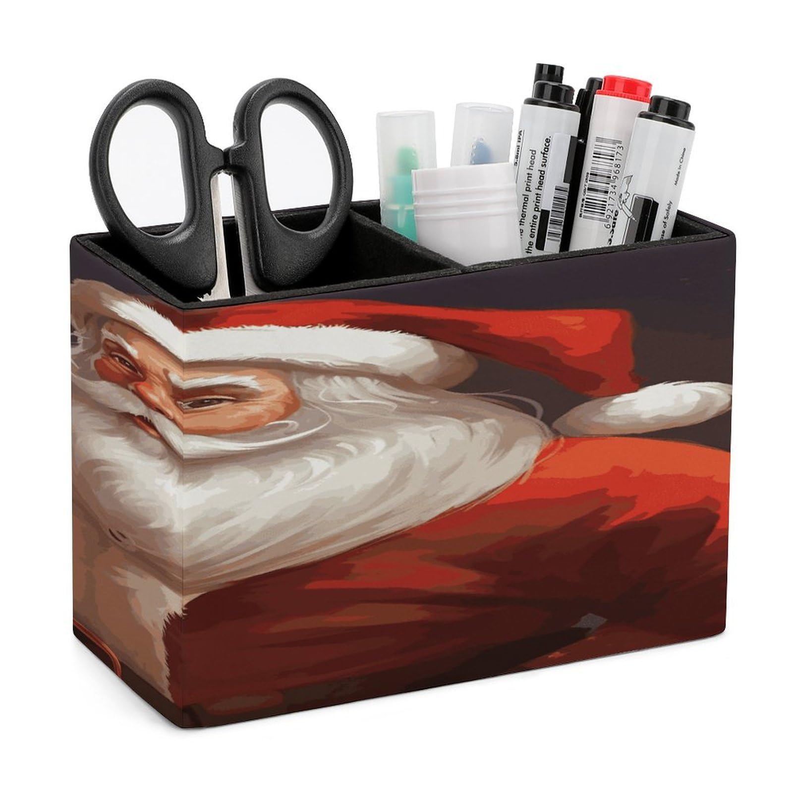 LDGSUPH Santa Claus Leather Pen Holder for Desk Organizer Caddy Large Pencil Cup Multi-function Pencil Holder Makeup Brush Holders Pen Organizer for Home Office Storage Box