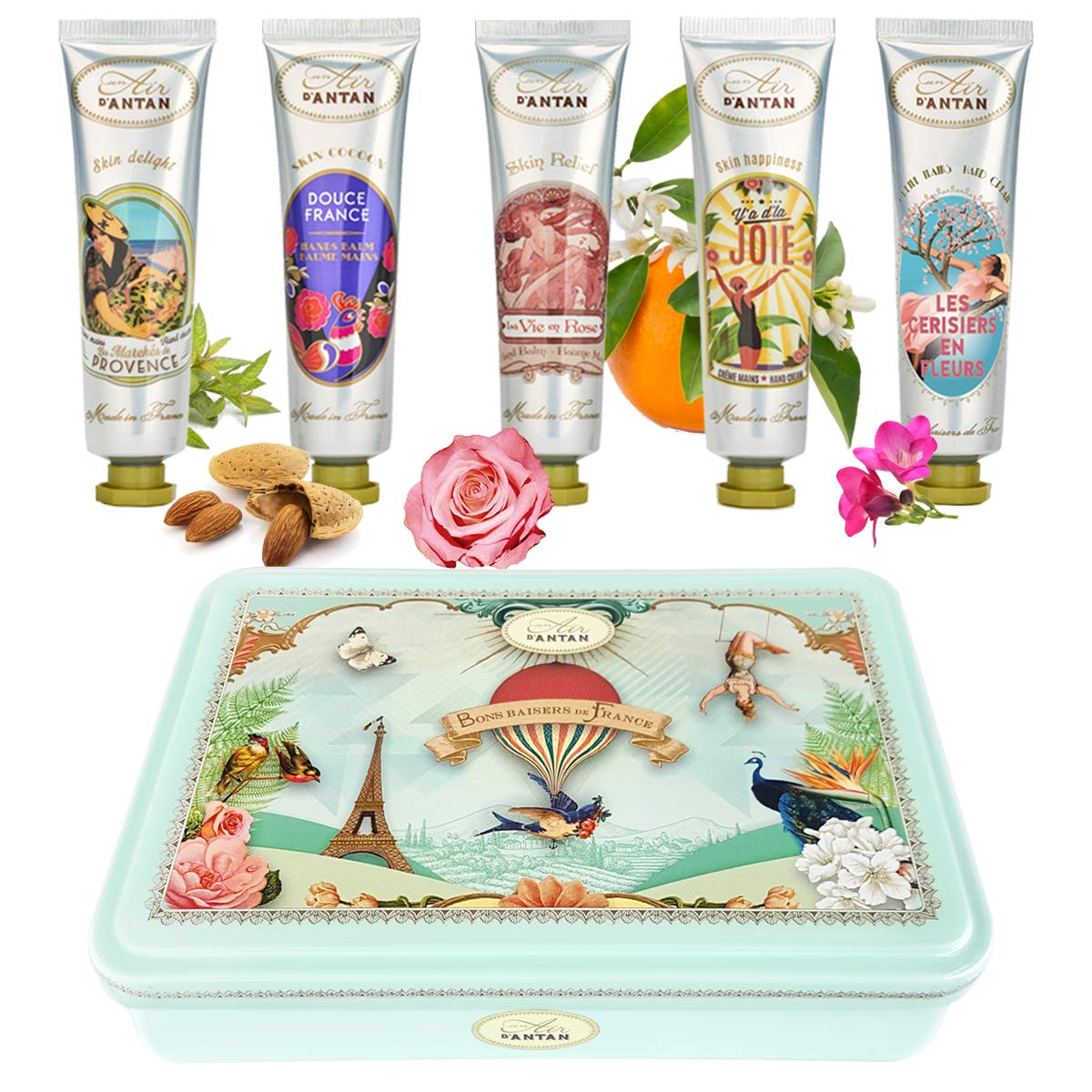 Un Air d'Antan Hand Cream Gift Set- 5 Piece (25 ml) Lotion Gift Set for Women- Hand Cream Set with Organic Shea Butter & Sweet Almond Oil- Scents of Verbena, Peach, Rose, Fig, Almond & Cherry Blossom