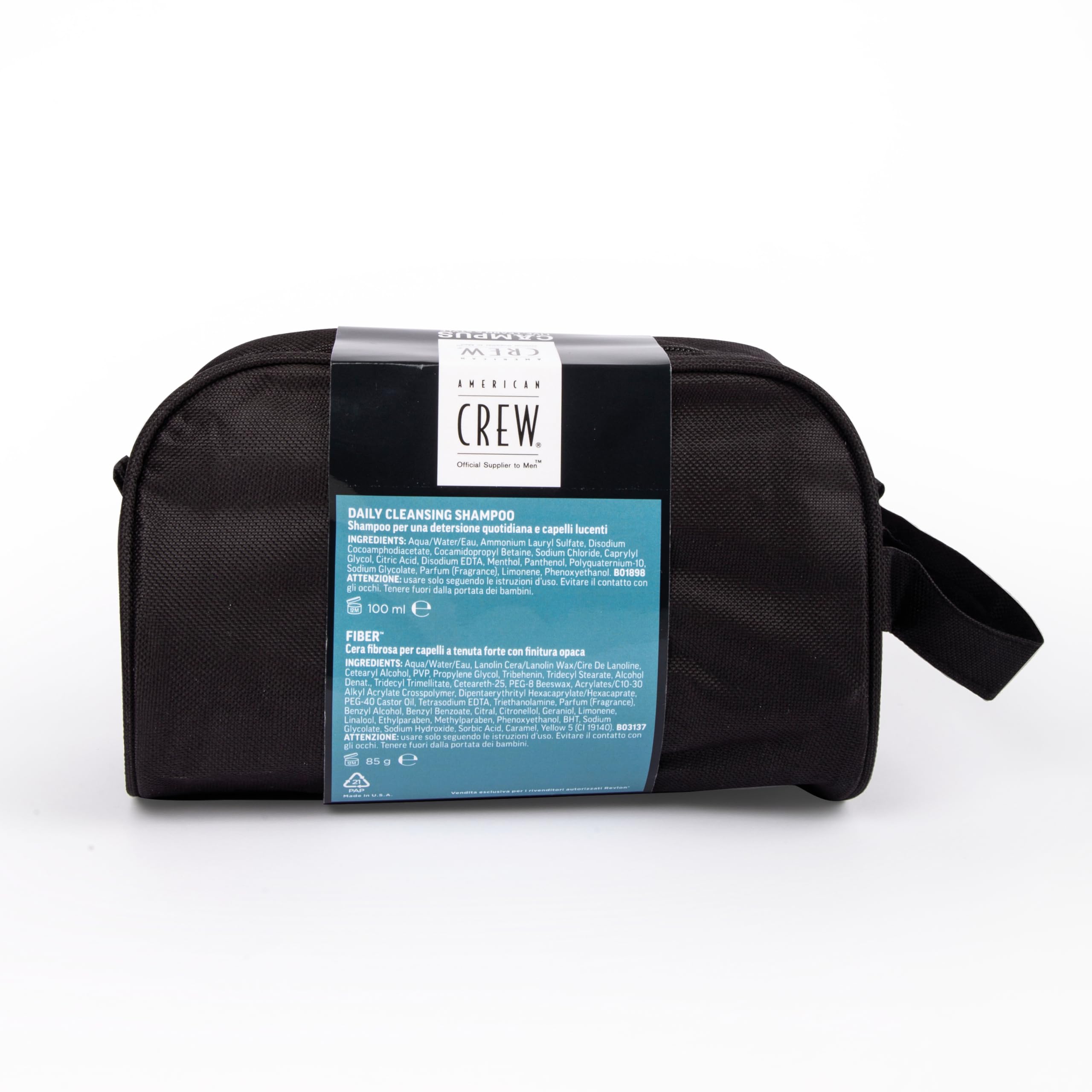 American Crew ON-BOARD TRAVEL KIT, Set Viaggio Cera Capelli & Shampoo, Pochette Regalo + AC Fiber 85 gr + AC Daily Cleansing Shampoo 100 ml
