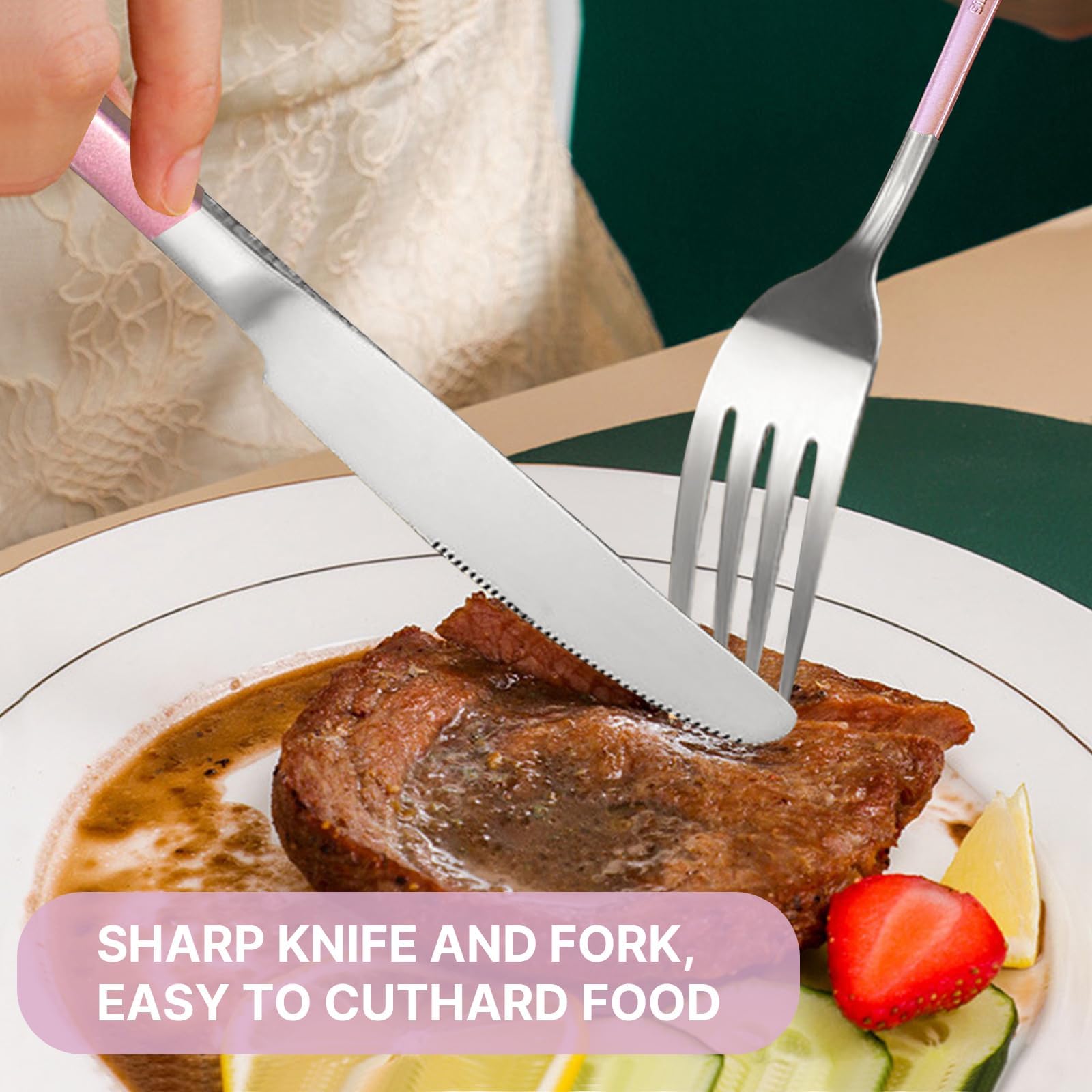 Juego de cubiertos con soporte, juego de cubiertos de acero inoxidable de 24 piezas con soporte, tenedor y cuchara para 6 personas, moderno juego de utensilios de cocina (rosa)