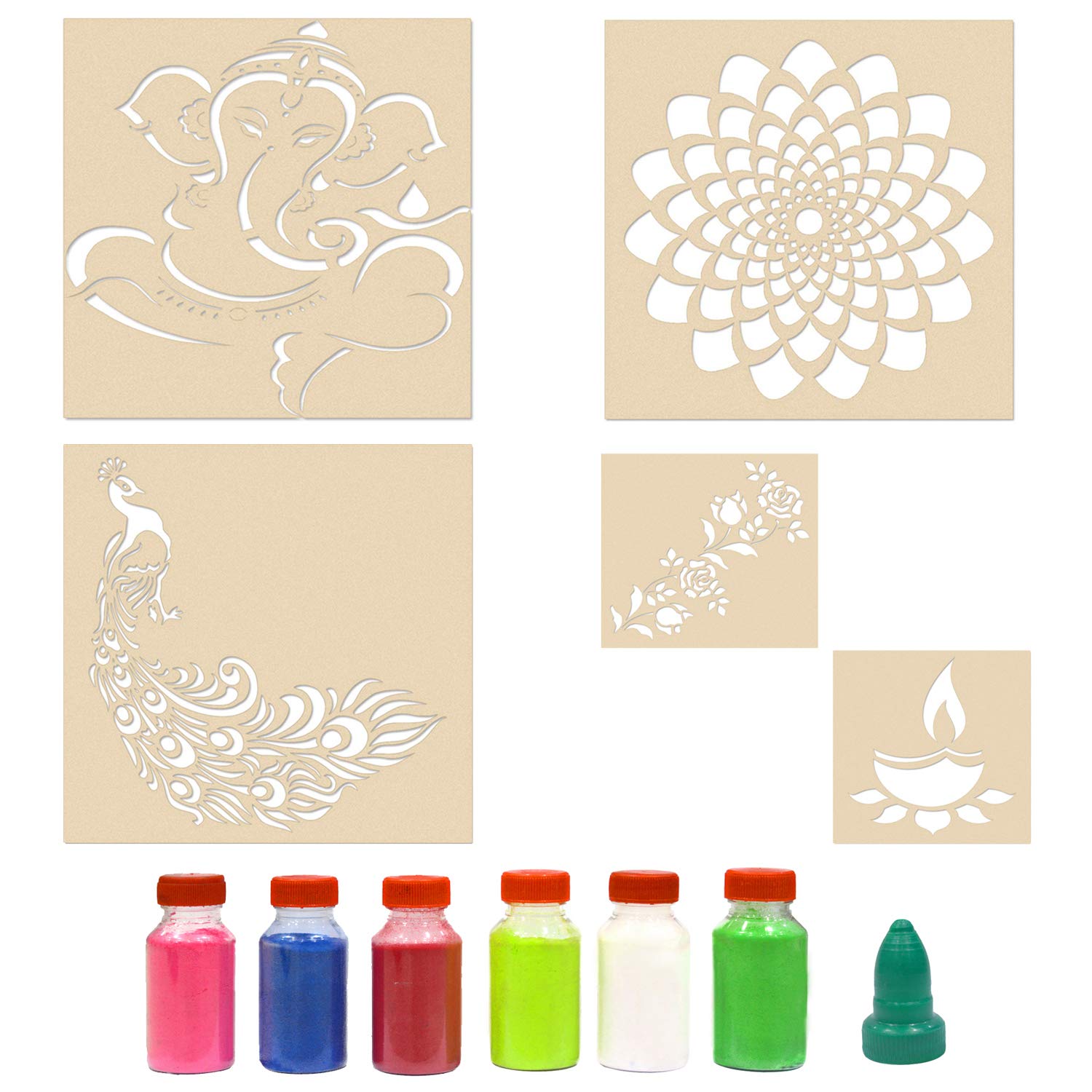 Rangoli Lot de 5 pochoirs pour sol Big Diwali, Pochoirs pour Peinture, avec 6 couleurs différentes (bois, 30 x 30 cm, lot de 5) par Indian Collectible