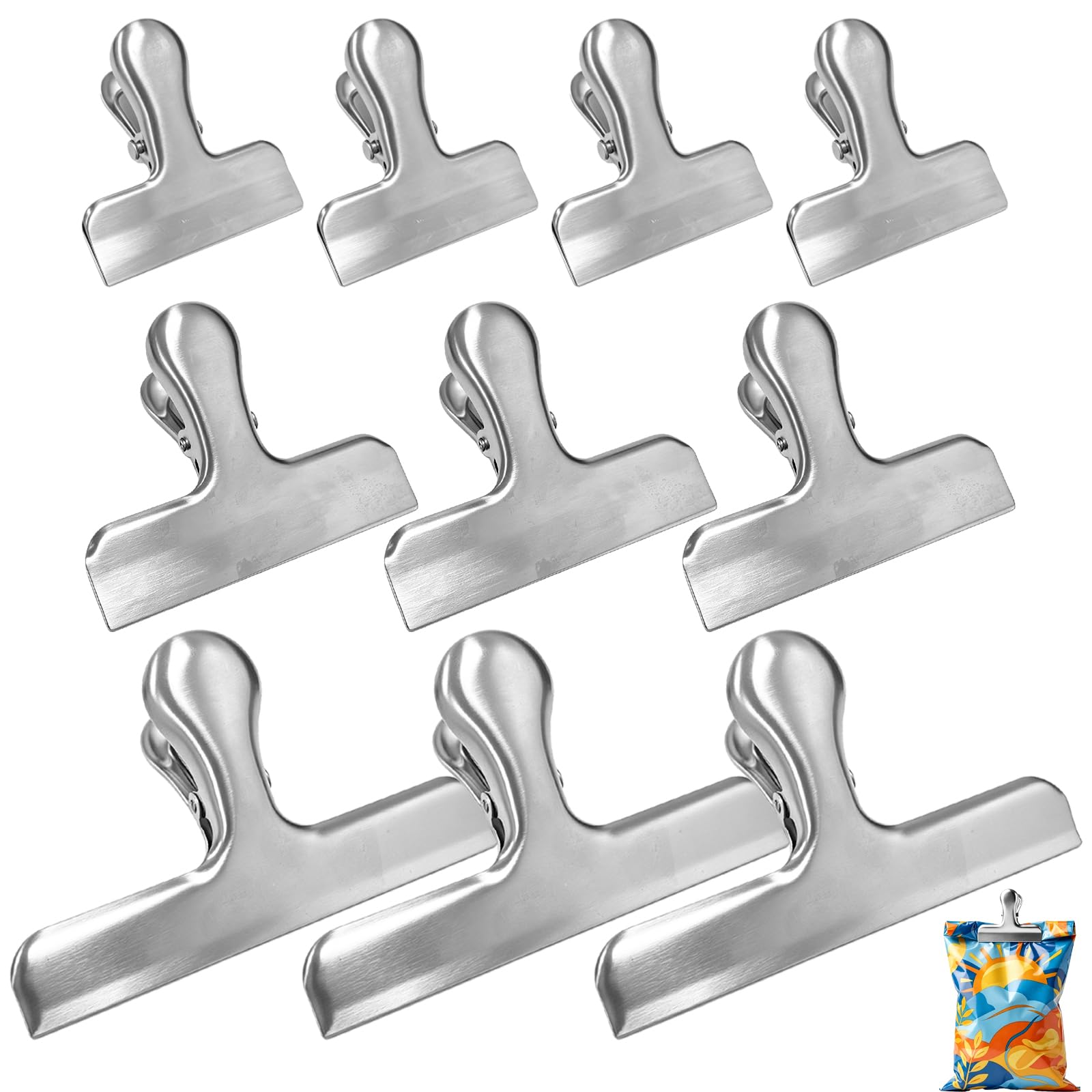 10 pcs Stainless Steel Chip Bag Clips, CNYMANY 4.7" 3" 2.2" Heavy Duty Air Tight Seal Grip Coffee Food Bag Clamps for Office Kitchen Home Use