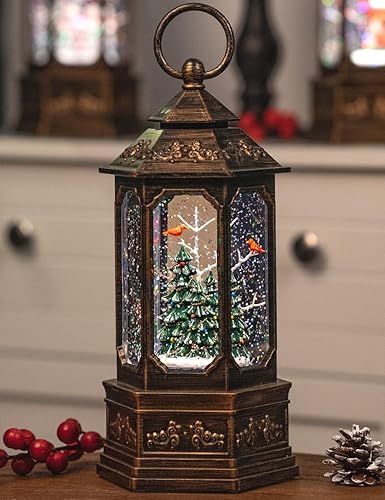 Linterna de globo de nieve de Navidad de 7.5 pulgadas, caja de música con purpurina, USB y decoraciones alimentadas por batería (bolas de nieve de