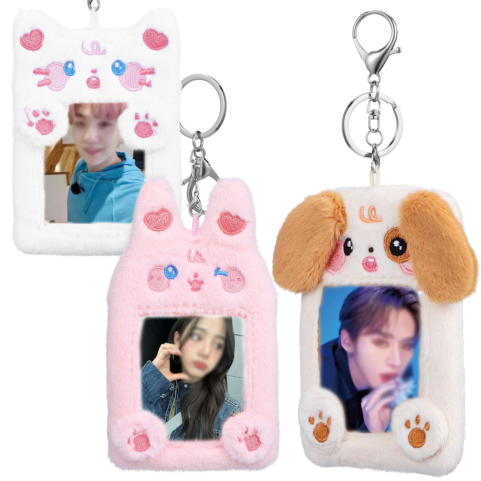 SAFIGLE Plush Photocard Holder Keychain Kpop Cute Cartoon Cat Bunny Dog ID Card Holder Card Protector Cover Sleeve for Kpop Idol Photo Card, ID Badge, Credit Card, 3 Pack