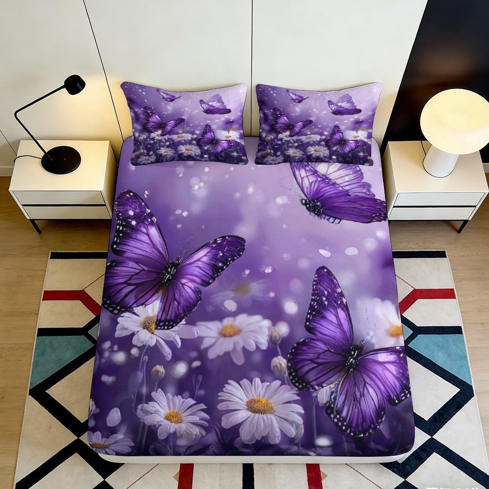 Pnayamiorkfel Style-1 3D Printed Purple Butterfly Daisy Fitted Sheet Microfiber Anti-Slip Bed Cover For Bedroom Guest Room Easy Care 90X200x25cm