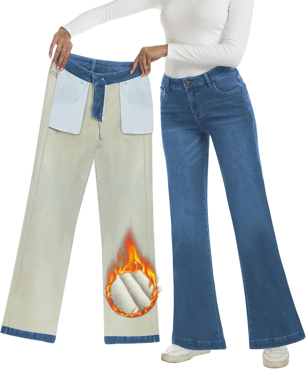 Fleece Lined Jeans Women High Waisted Stretchy Warm Winter Thermal Pants Thick Bell Bottom Wide Leg Jeans Woman - Image 3