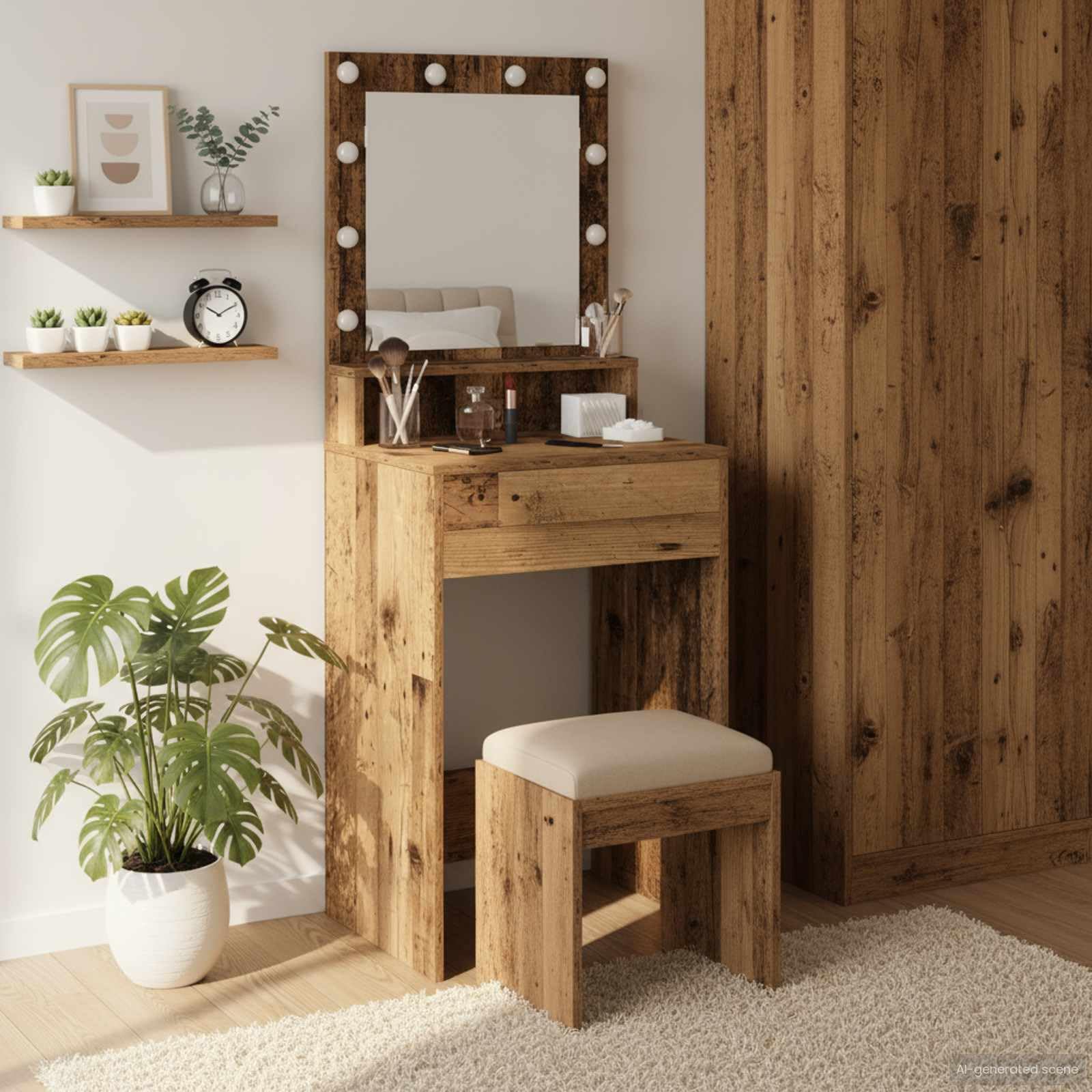 Toaletka z drewna odpadowego, 50 x 41 x 135 cm, z regałem, oświetleniem lustra LED, przyłączem USB, miejscem do przechowywania i szufladami do sypialni, kosmetyków i makijażu